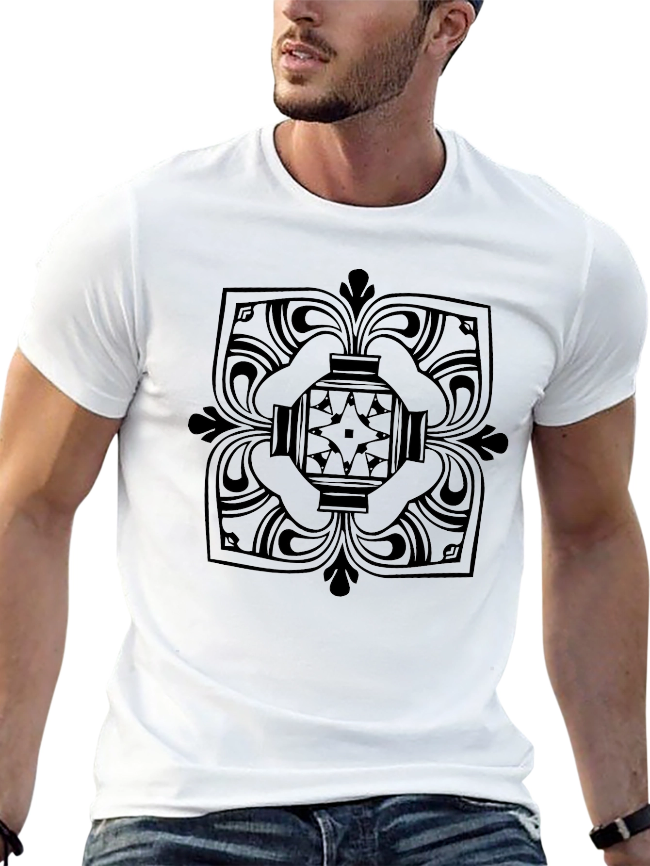 Black T-Shirt with Geometric Medallion Design