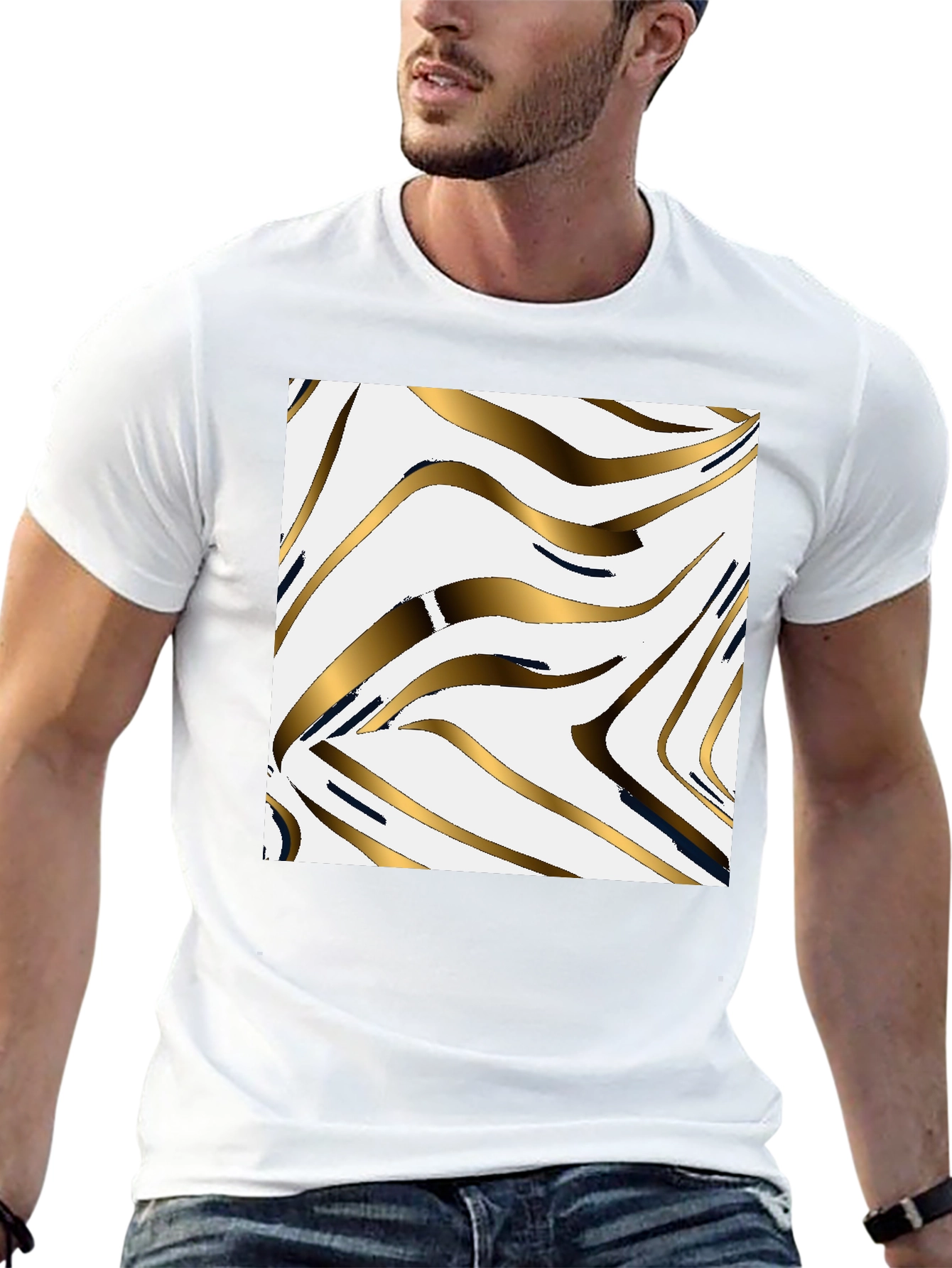 Stylish Black Tee with Abstract Gold Pattern
