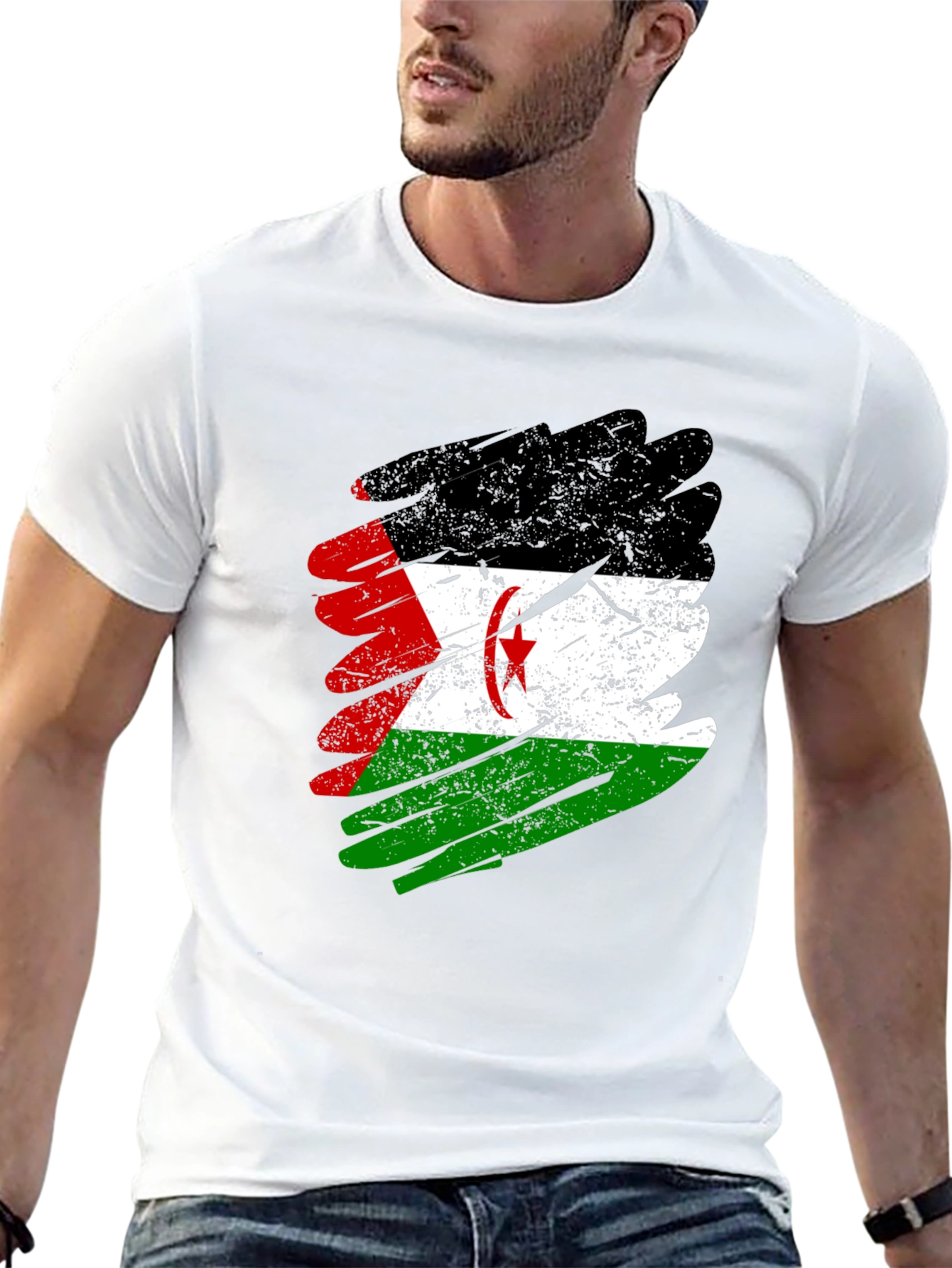Western Sahara Flag Brush Stroke Mens Black T-Shirt