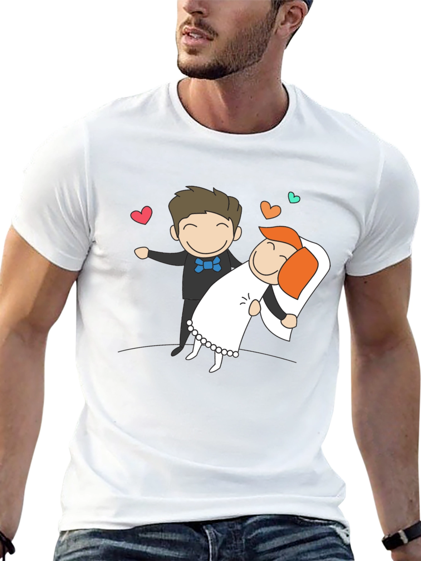 Cartoon Wedding Couple Graphic Tee - Black T-Shirt