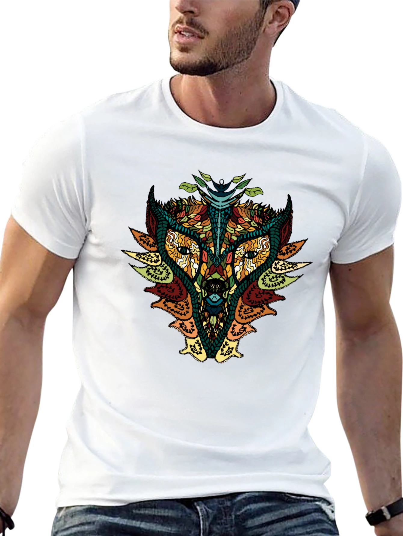 Geometric Wolf Graphic Print Mens Black T-Shirt