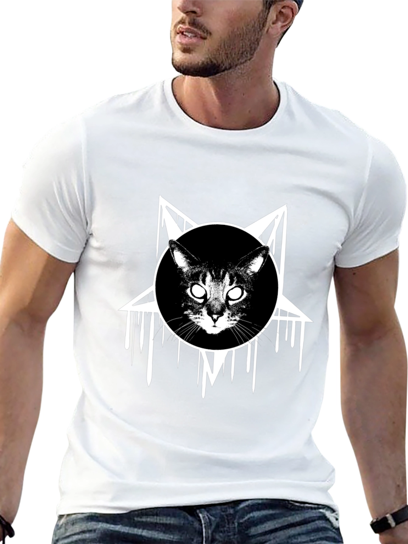 Occult Cat Graphic Tee - Black Cotton T-Shirt