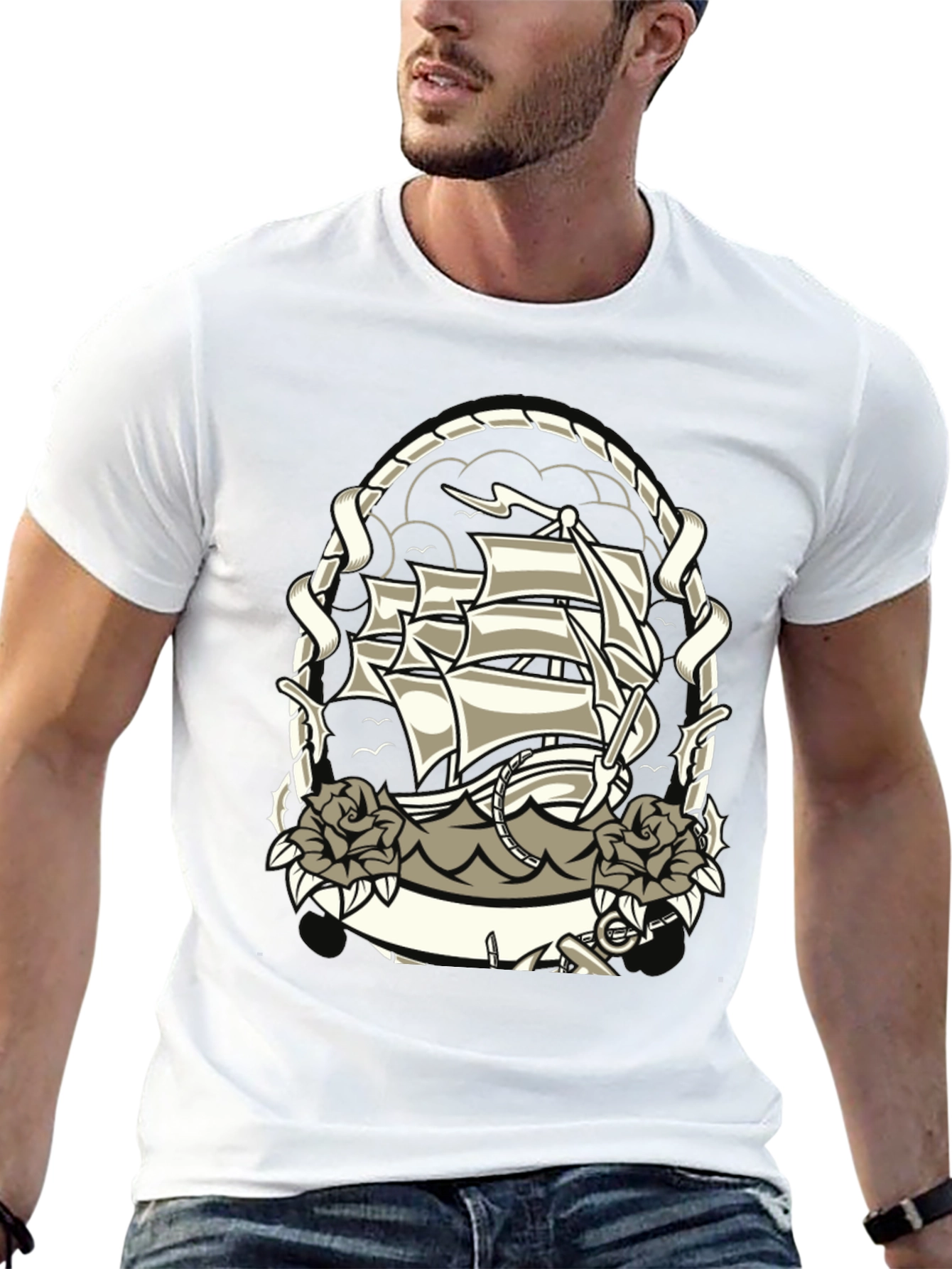 Nautical Ship Tattoo Graphic Black T-Shirt