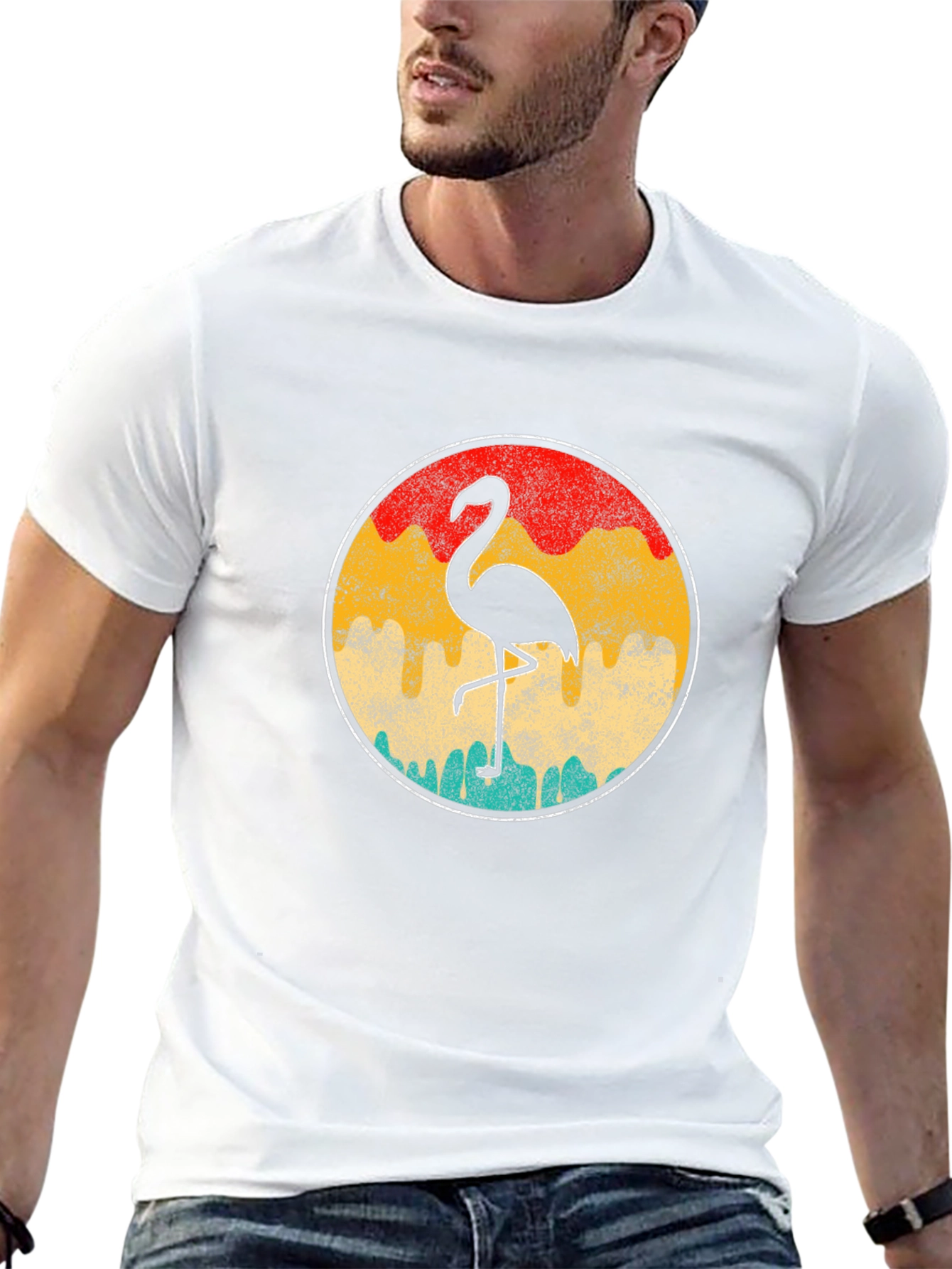 Retro Flamingo Graphic Tee - Black Cotton T-Shirt
