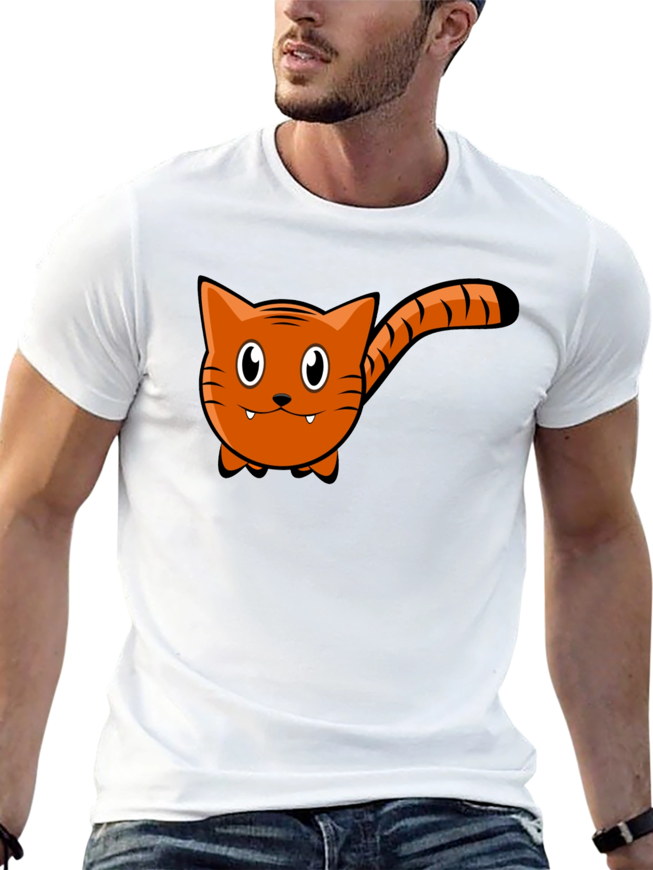 Cartoon Cat Graphic Tee - Black Cotton T-Shirt