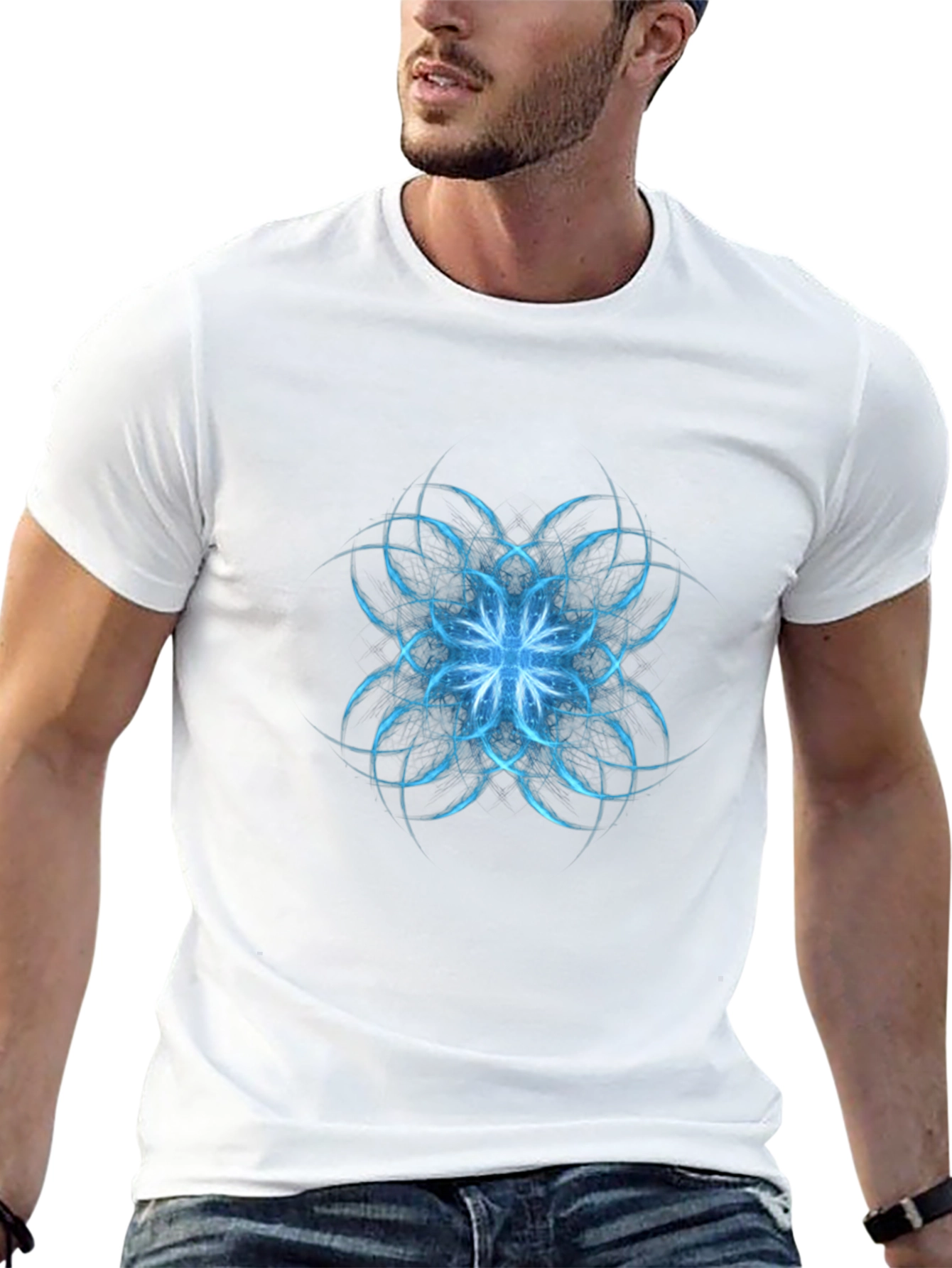 Abstract Blue Floral Graphic Black T-Shirt