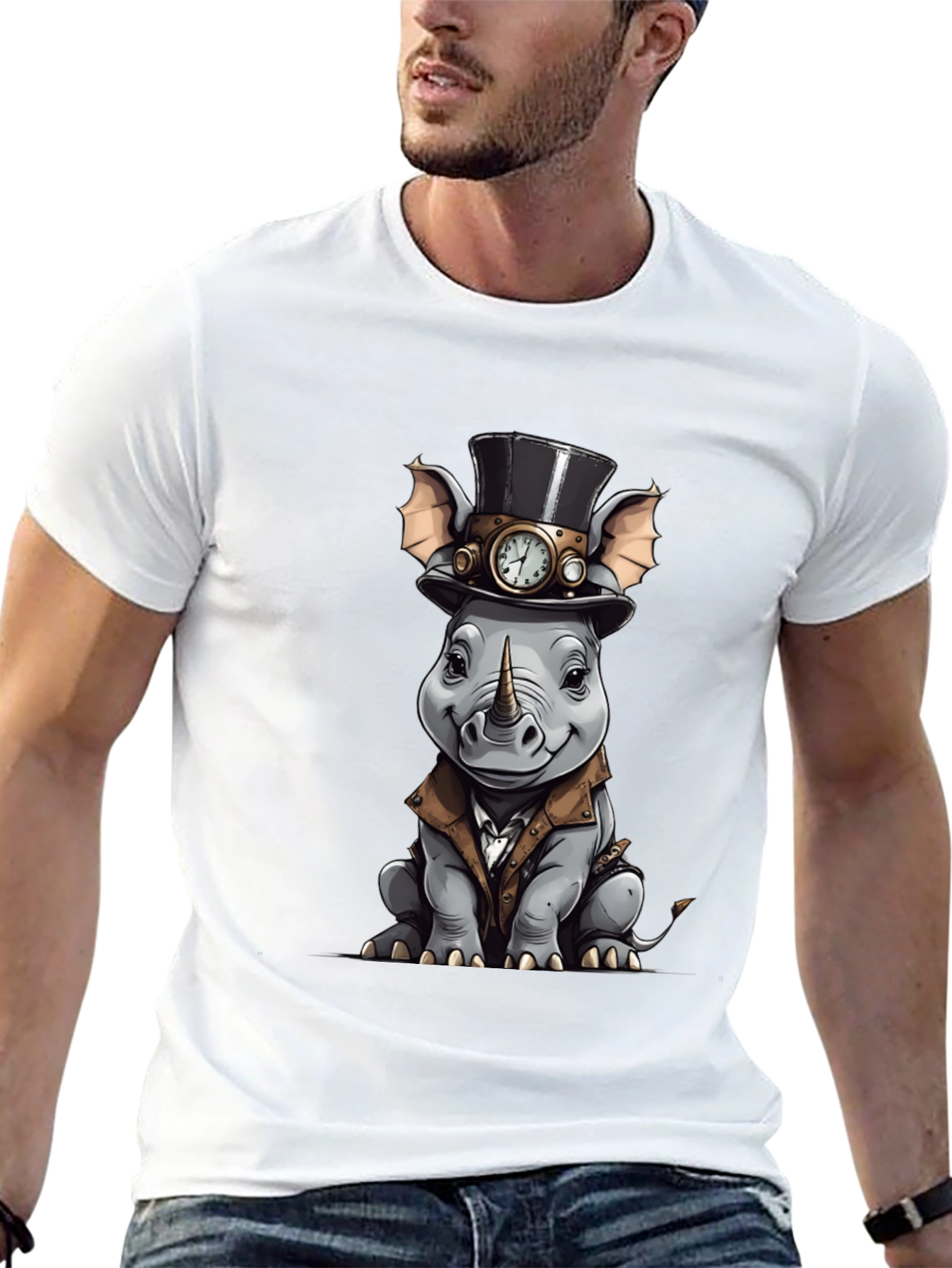 Steampunk Rhino Graphic Tee - Whimsical Animal Design