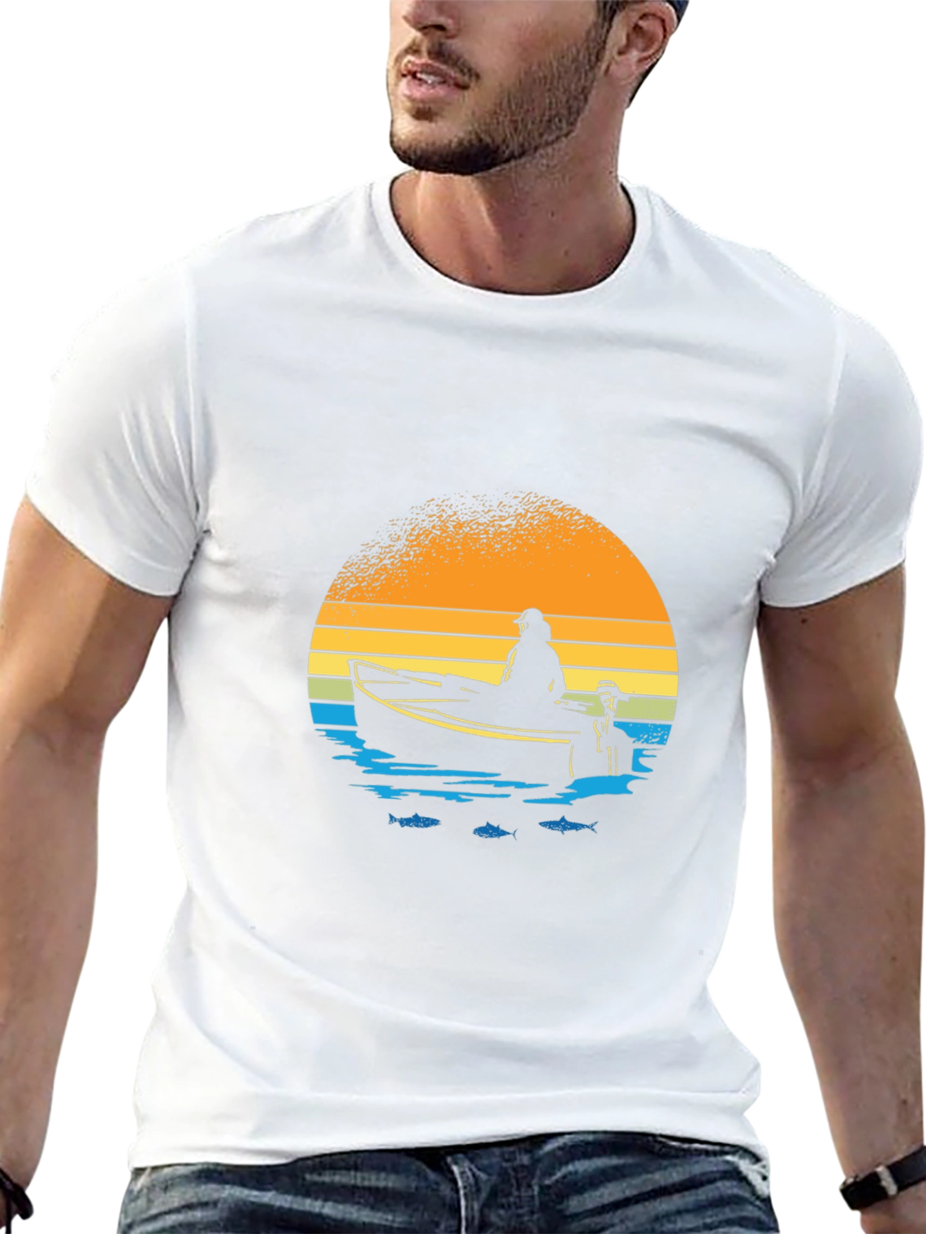 Fishing Boat Graphic T-Shirt - Retro Sunset Design