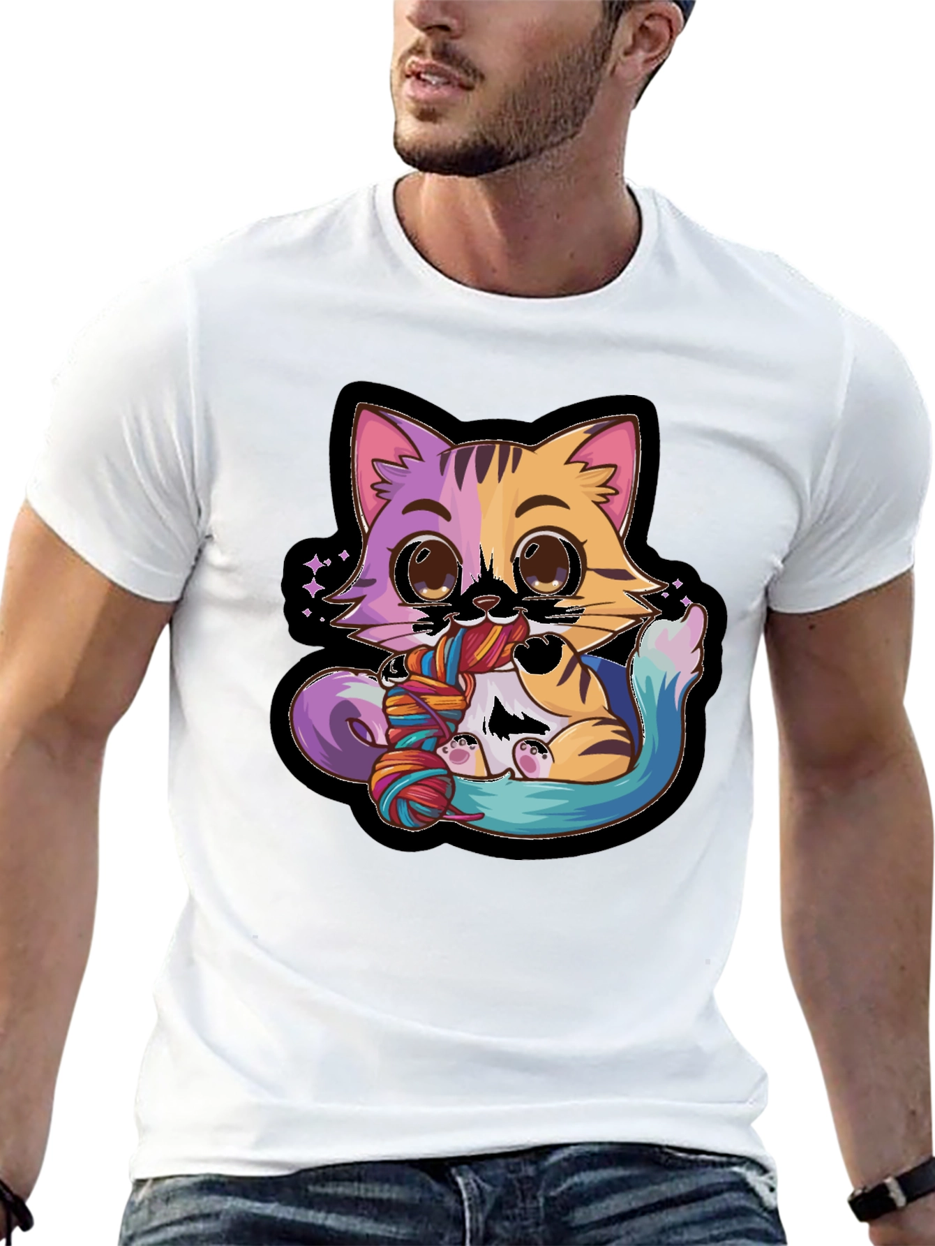 Cute Cat Yarn Lover Black T-Shirt