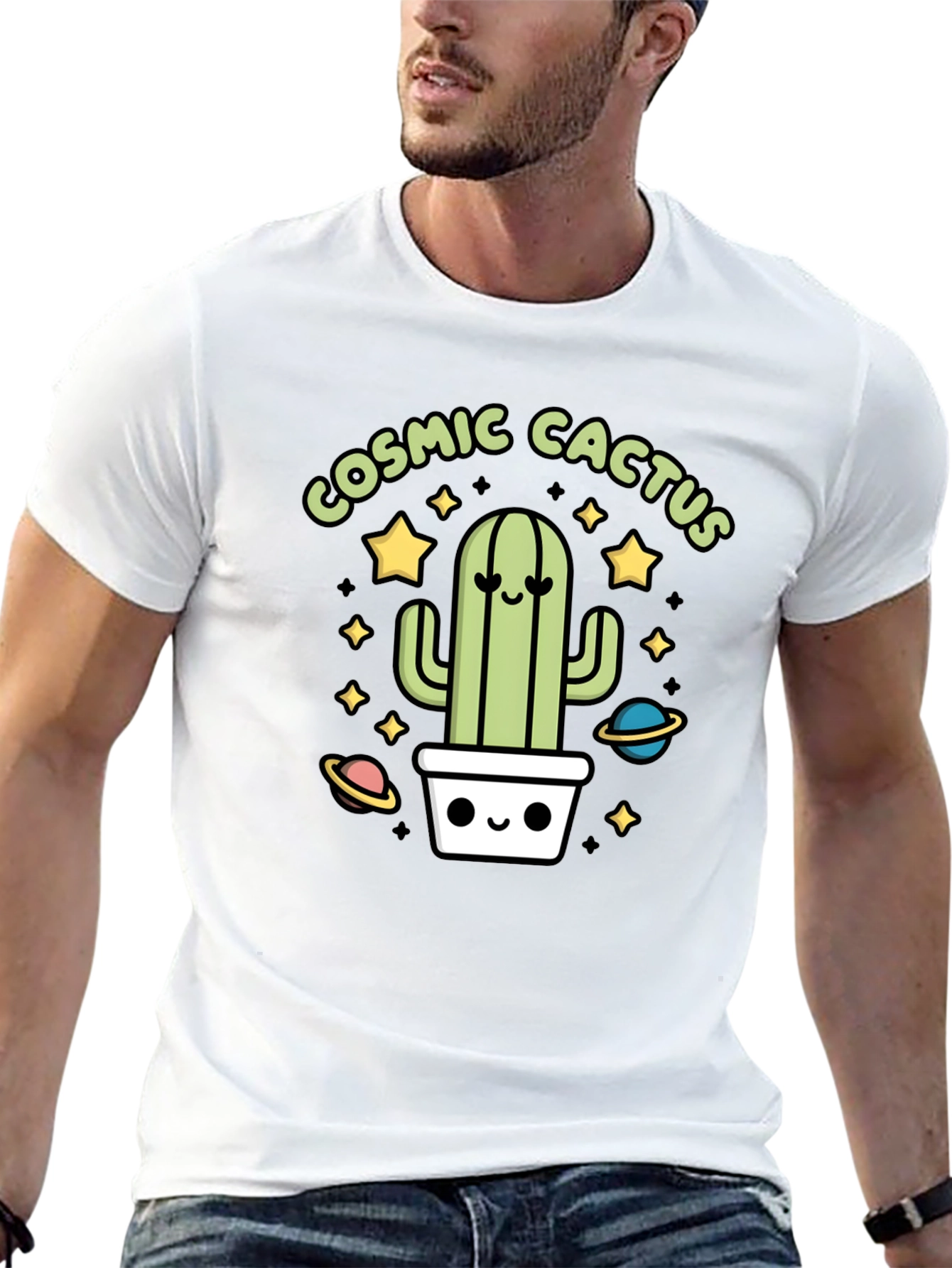 Cosmic Cactus Graphic Tee - Black Cotton T-Shirt