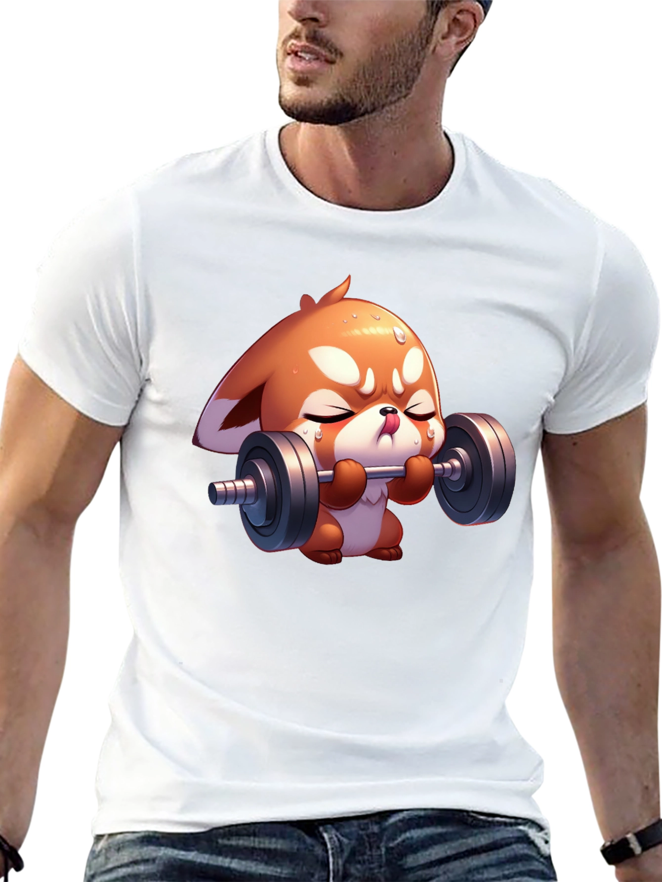 Cute Red Panda Weightlifting Black T-Shirt