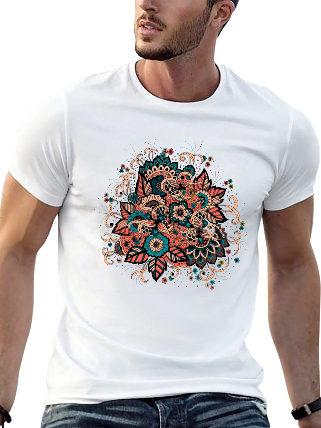 Floral Mandala Graphic Tee - Black Cotton T-Shirt