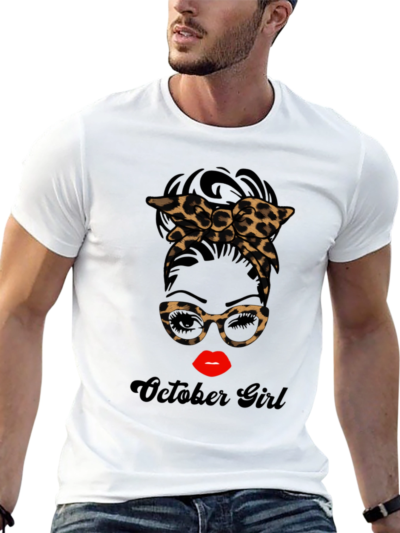 October Girl Messy Bun Leopard Print T-Shirt