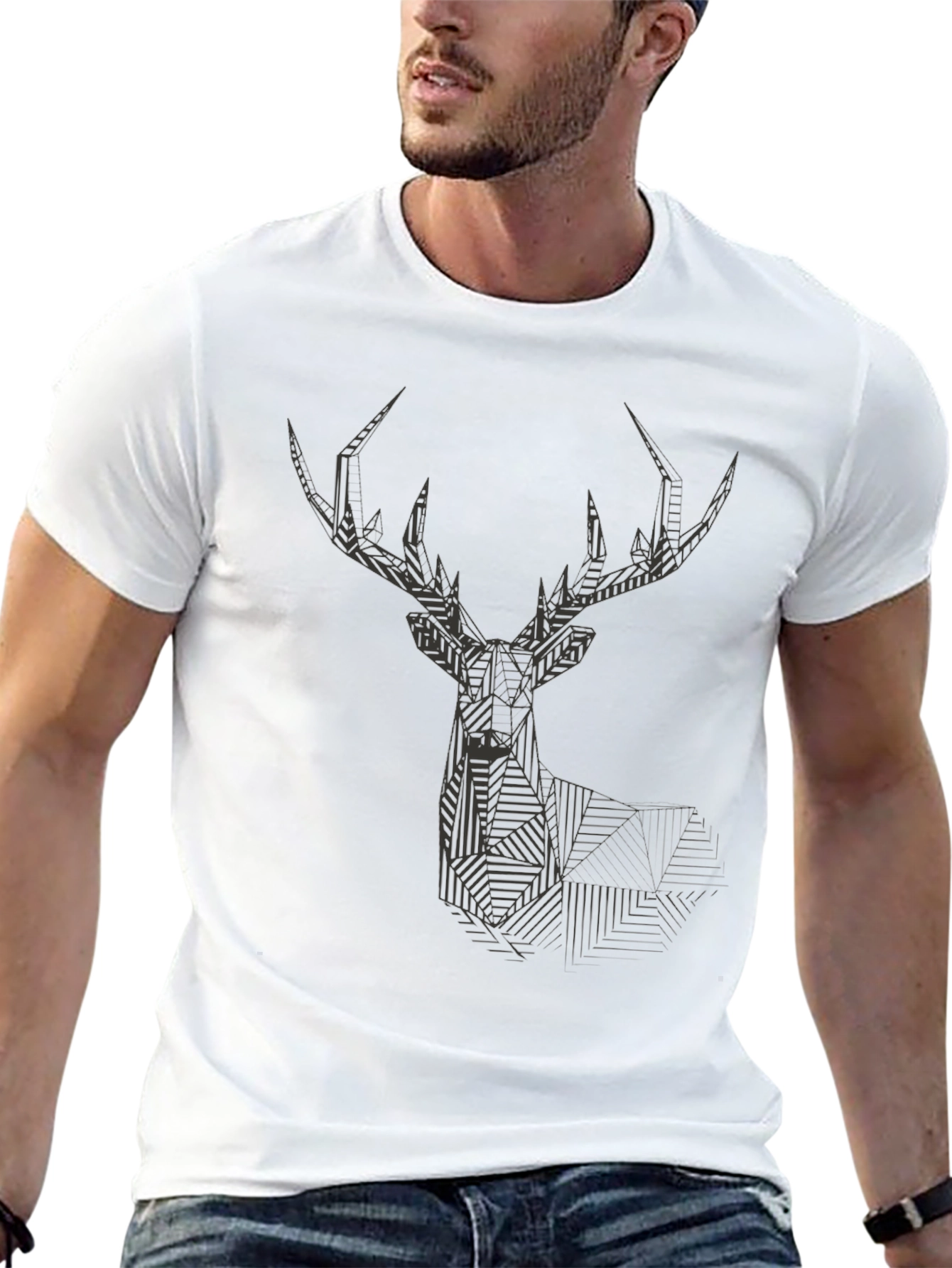 Geometric Deer Head Graphic Black T-Shirt