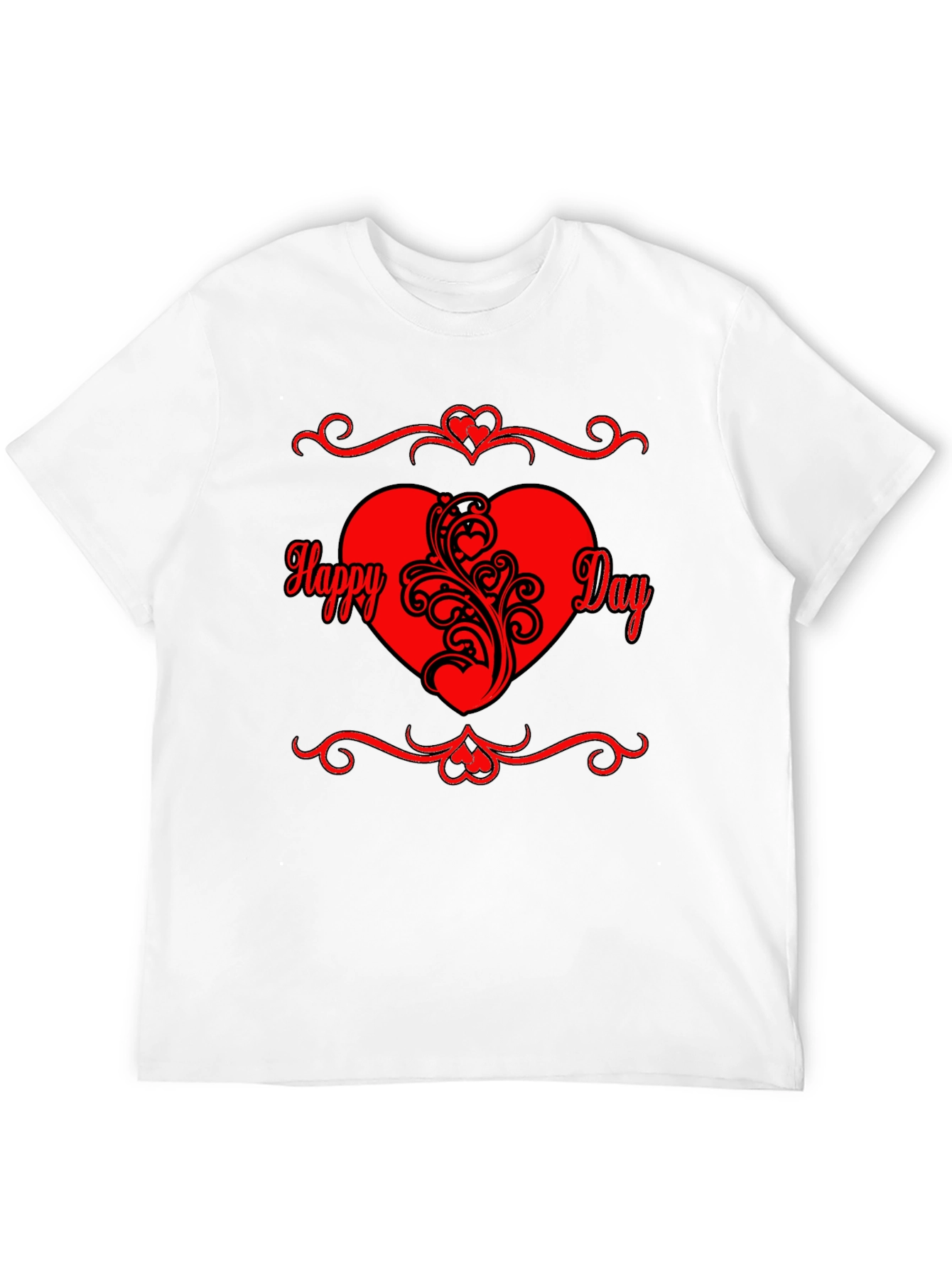 Happy Day Black T-Shirt with Red Heart Graphic