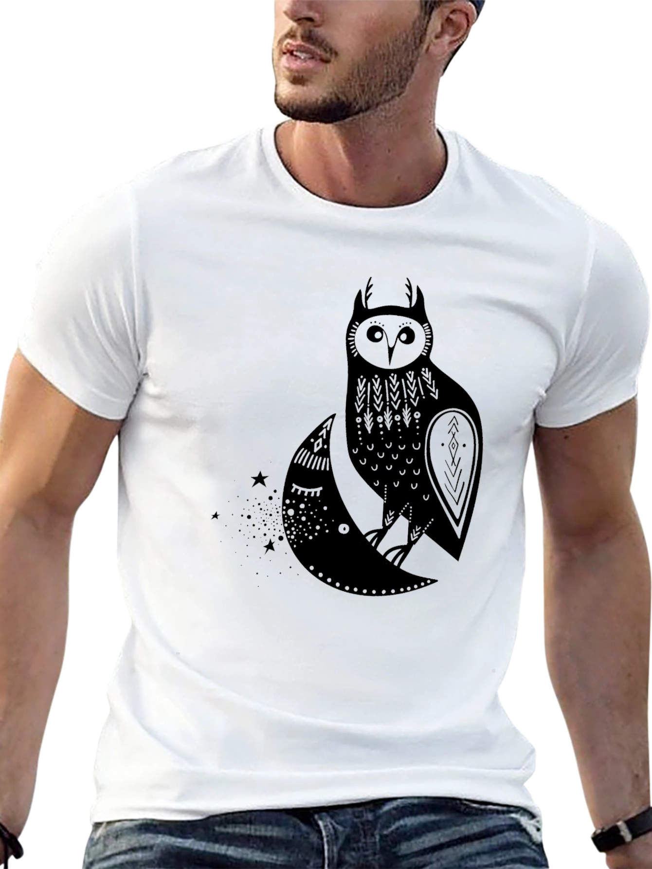 Owl on Moon Graphic T-Shirt - Black Cotton Tee