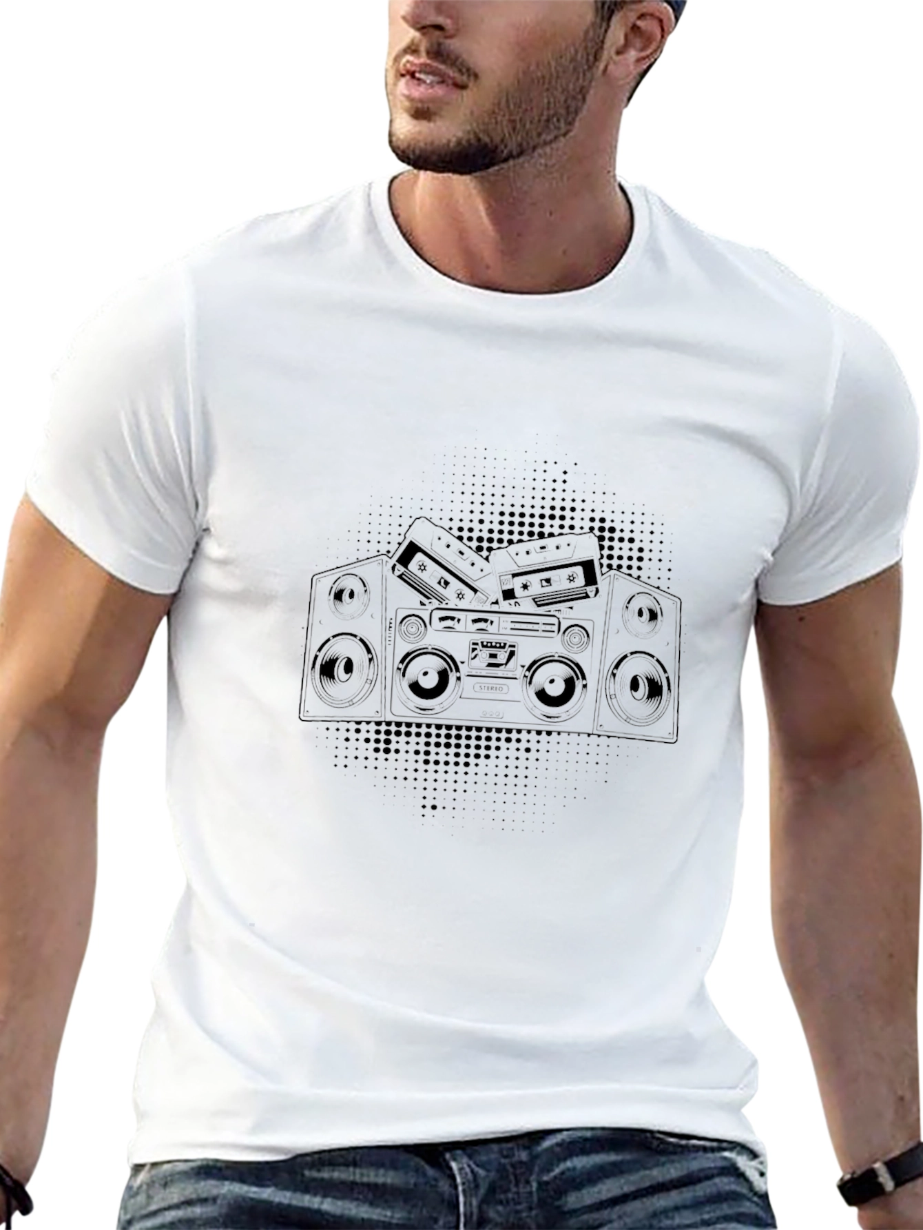 Retro Boombox Graphic Tee - Black Cotton T-Shirt