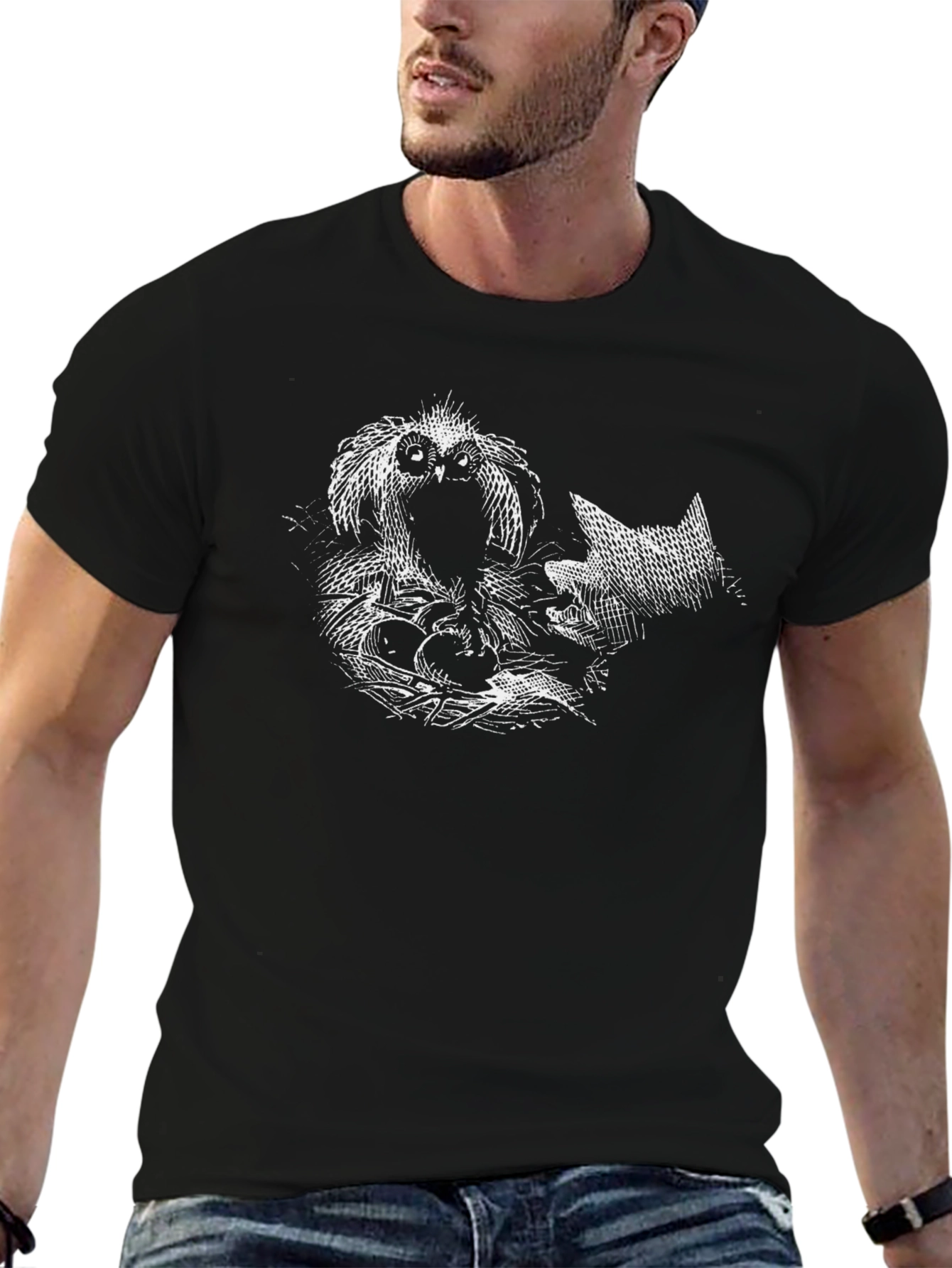 Owl & Cat Graphic T-Shirt - Unisex Black Tee
