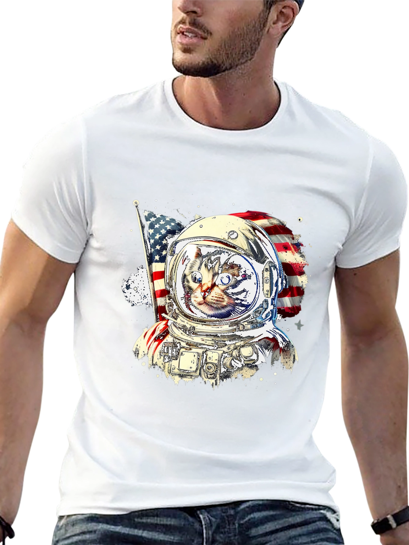 Patriotic Cat Astronaut Graphic Tee