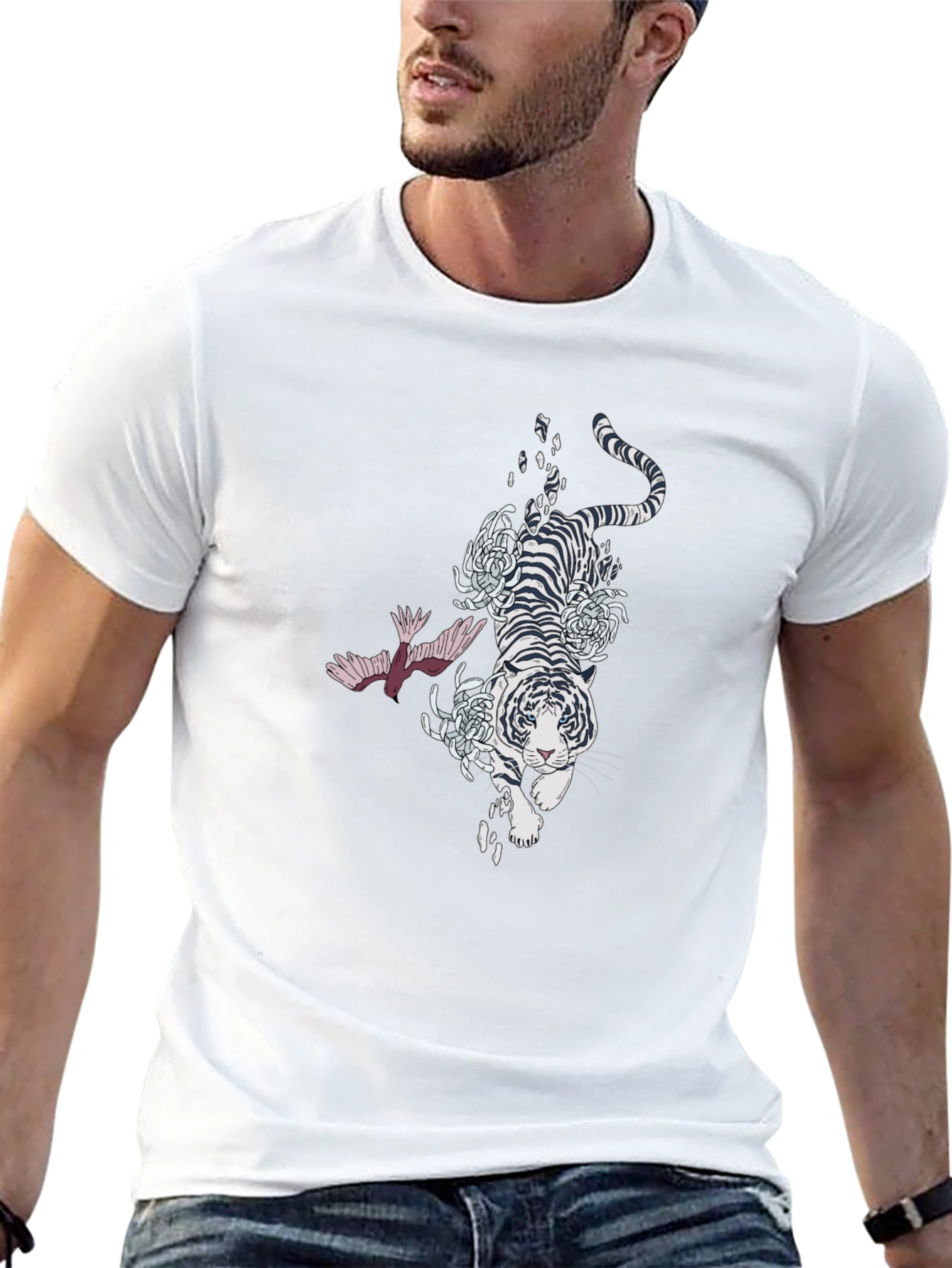 Tiger and Bird Graphic Black T-Shirt