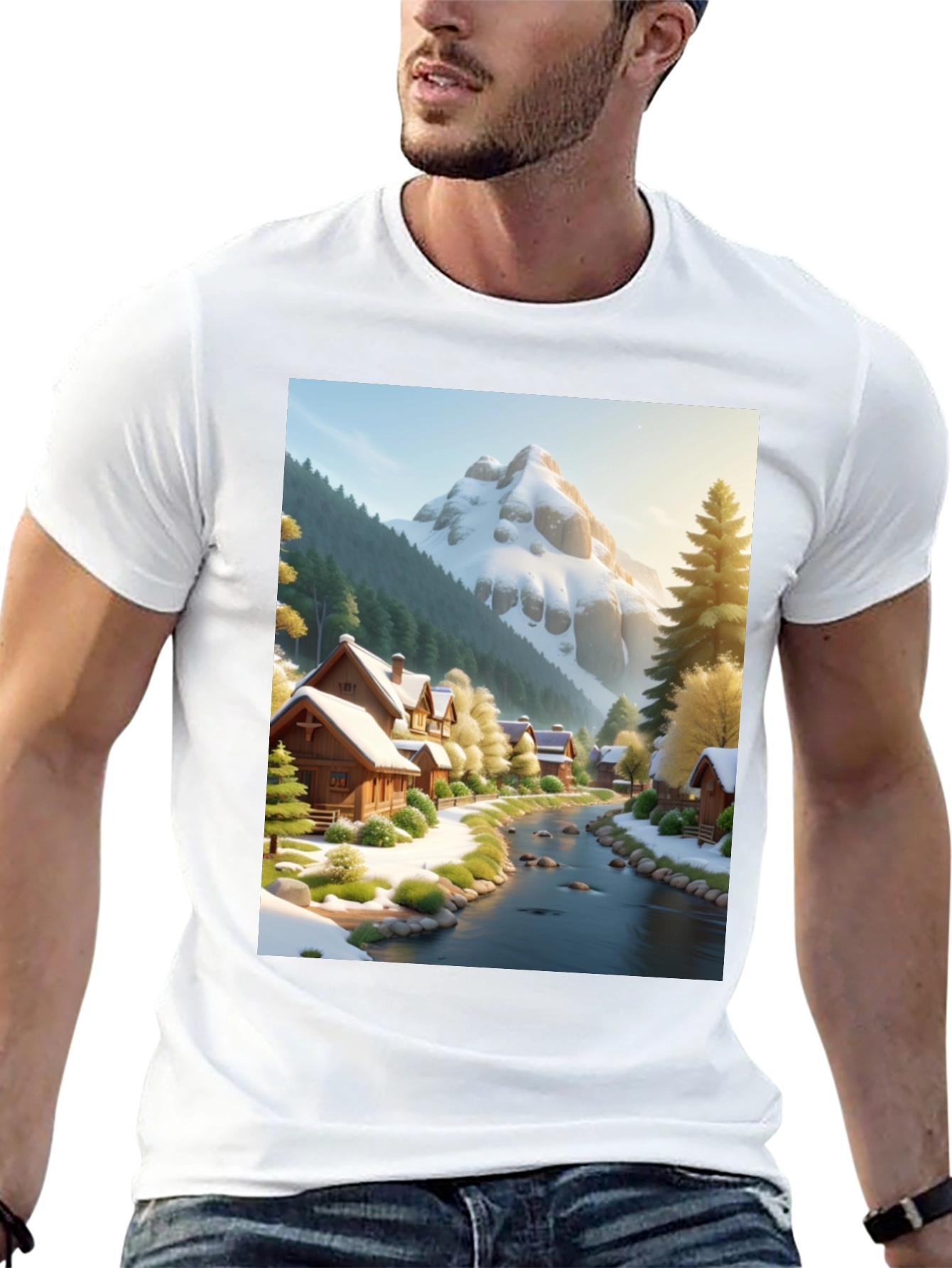 Scenic Winter Village T-Shirt - Mountain River Design