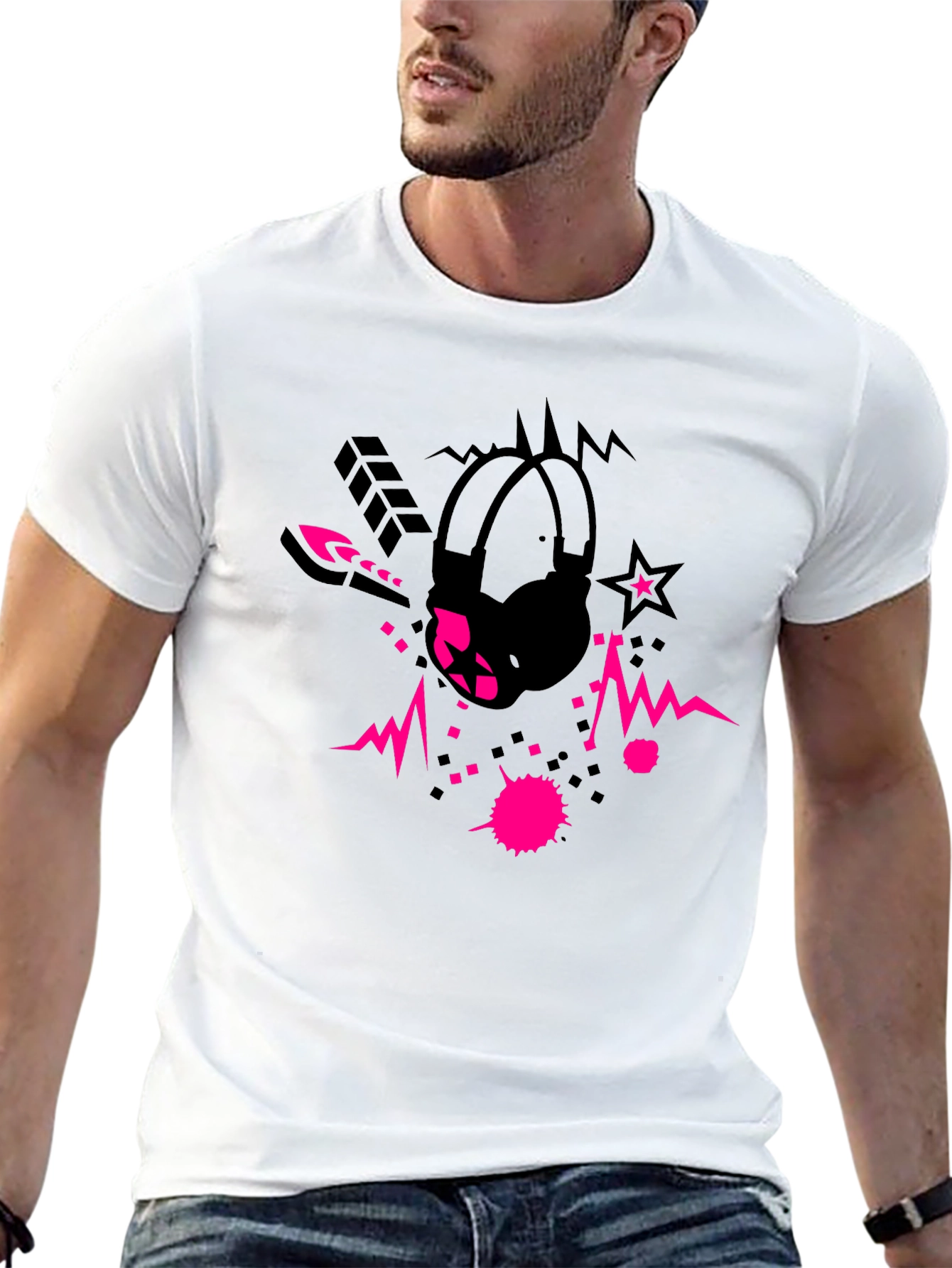 Cool Black Graphic Tee with Headphone Design