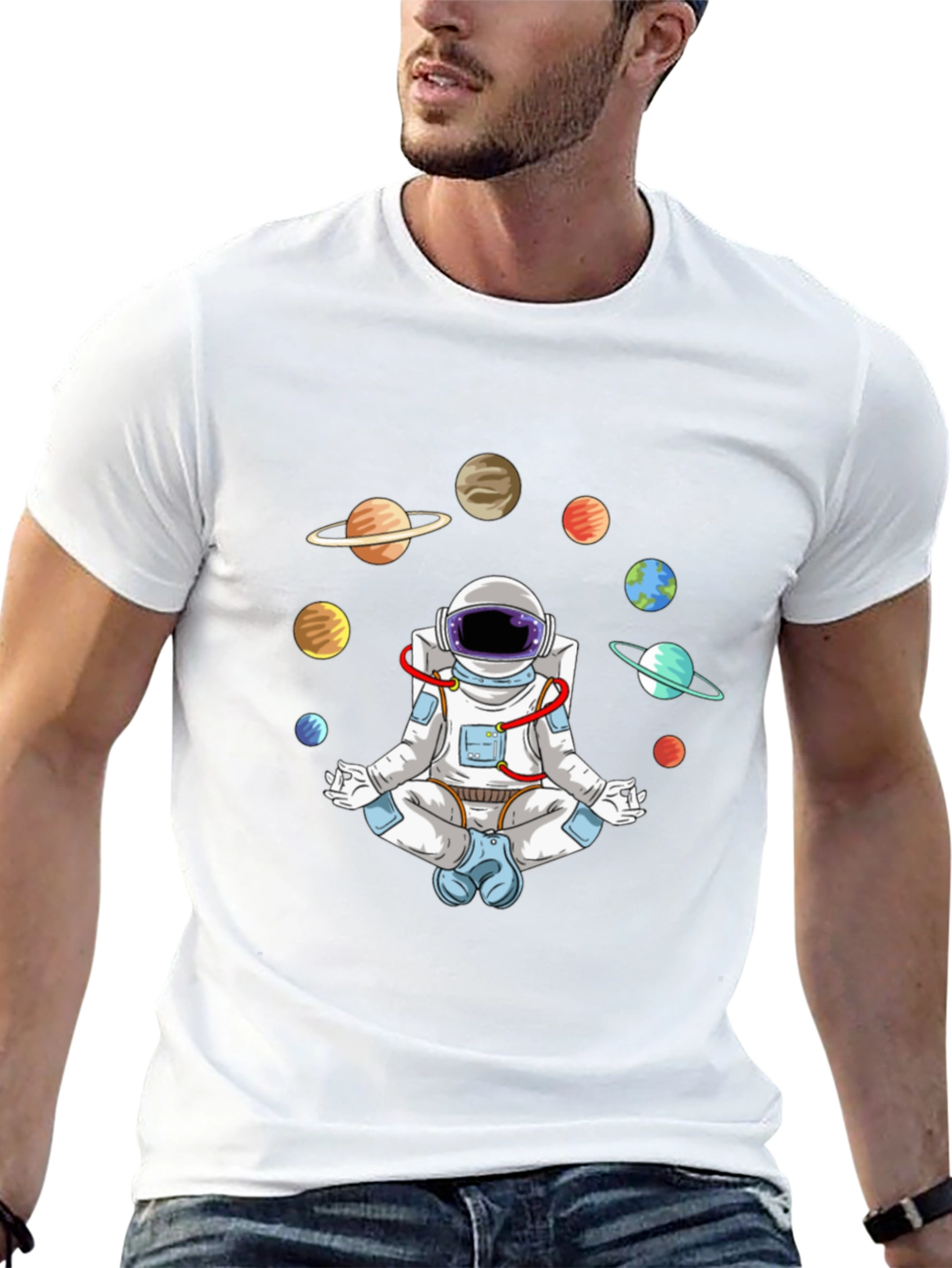 Meditating Astronaut Planets Graphic Tee
