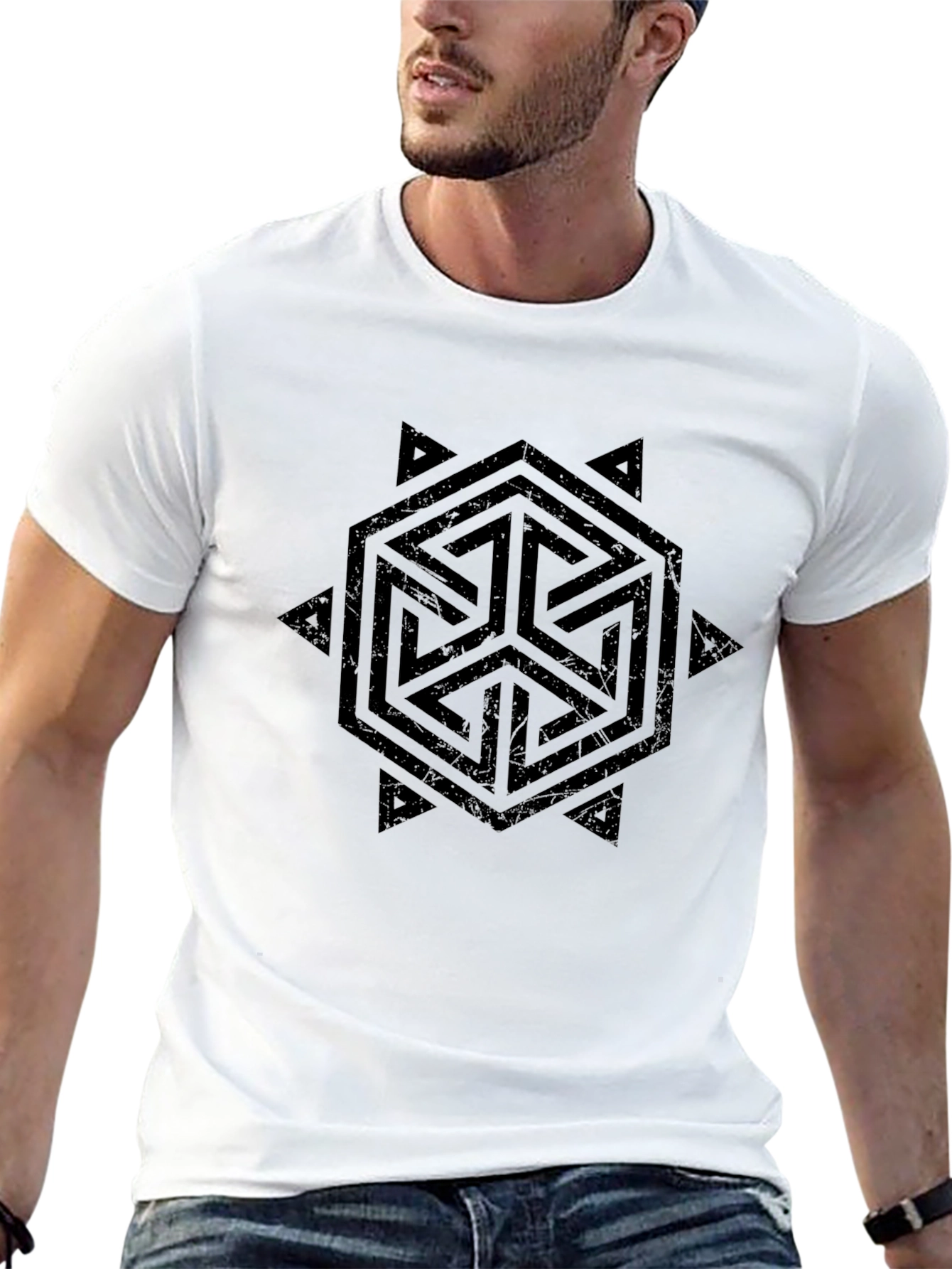 Geometric Hexagon Print Black Tee