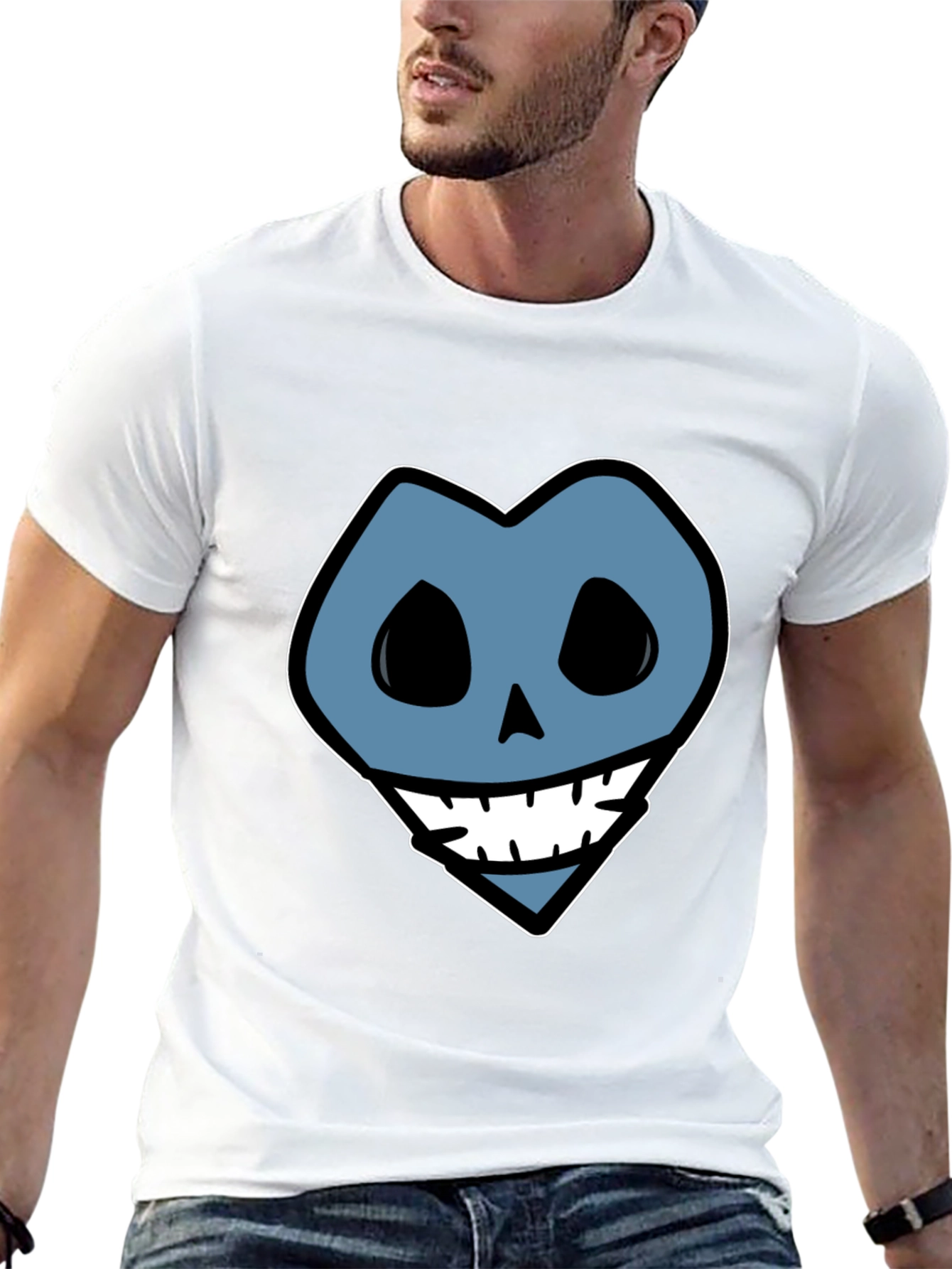 Blue Heart Skull Graphic Print Black T-Shirt