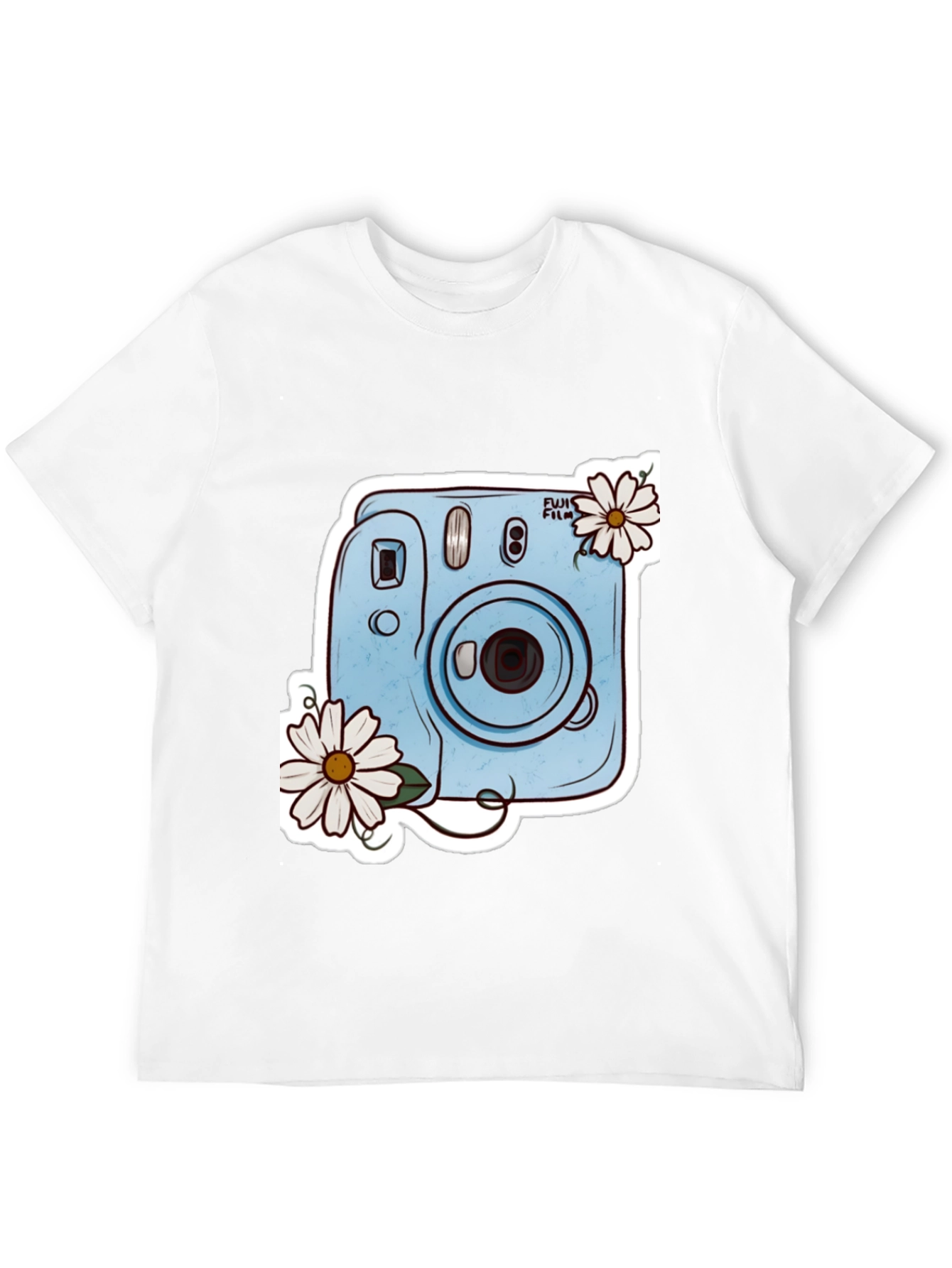 Stylish Black Tee with Camera & Daisy Design