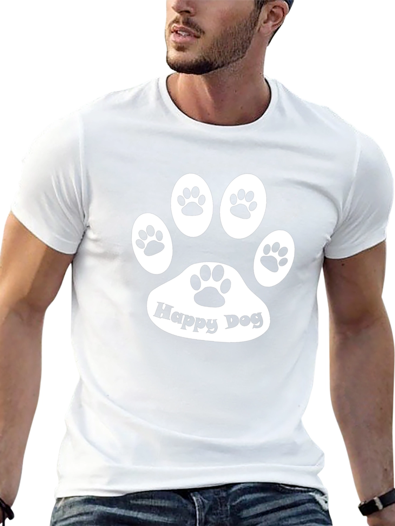 Happy Dog Paw Print Black T-Shirt