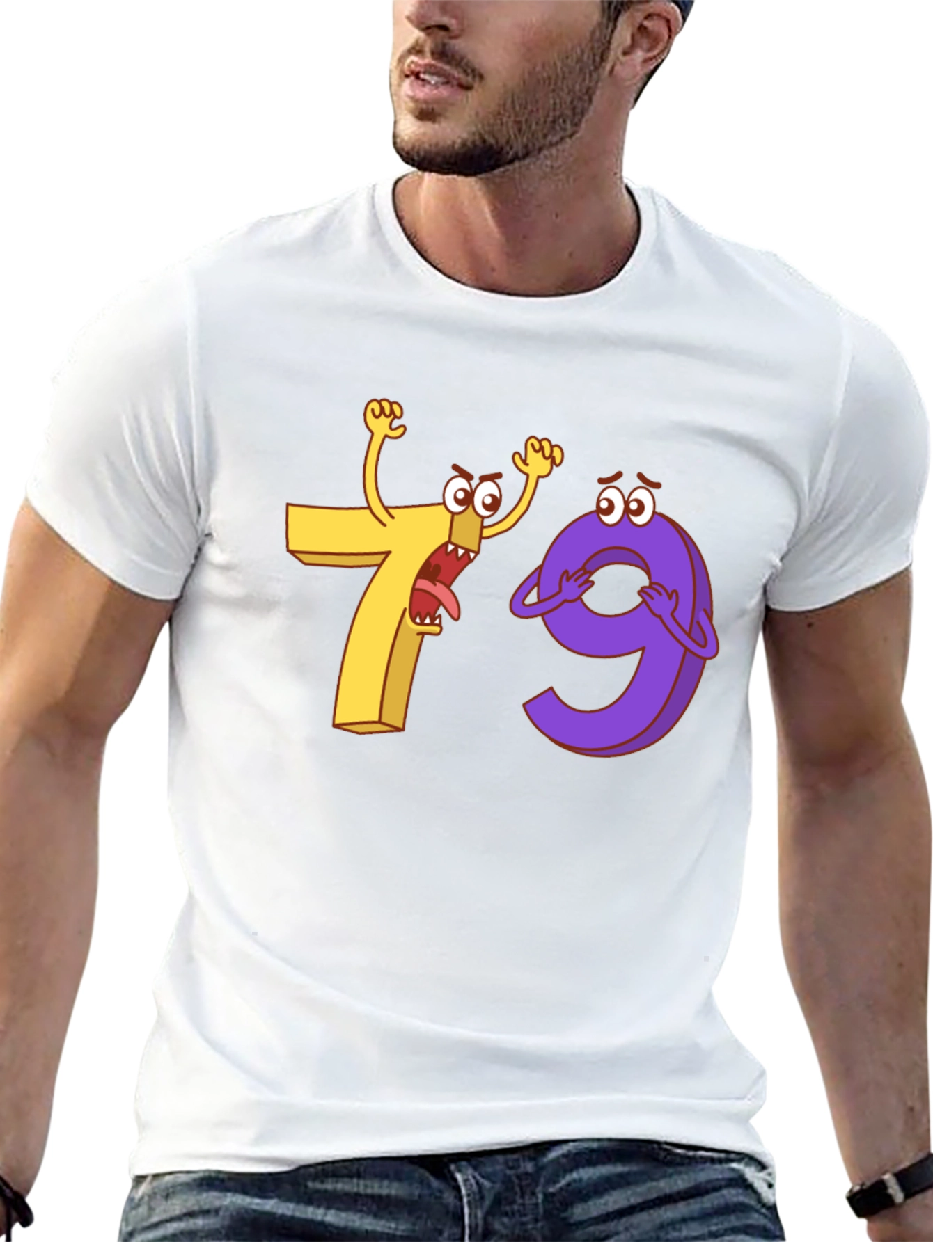 Funny Cartoon Number 7 and 9 Black T-Shirt