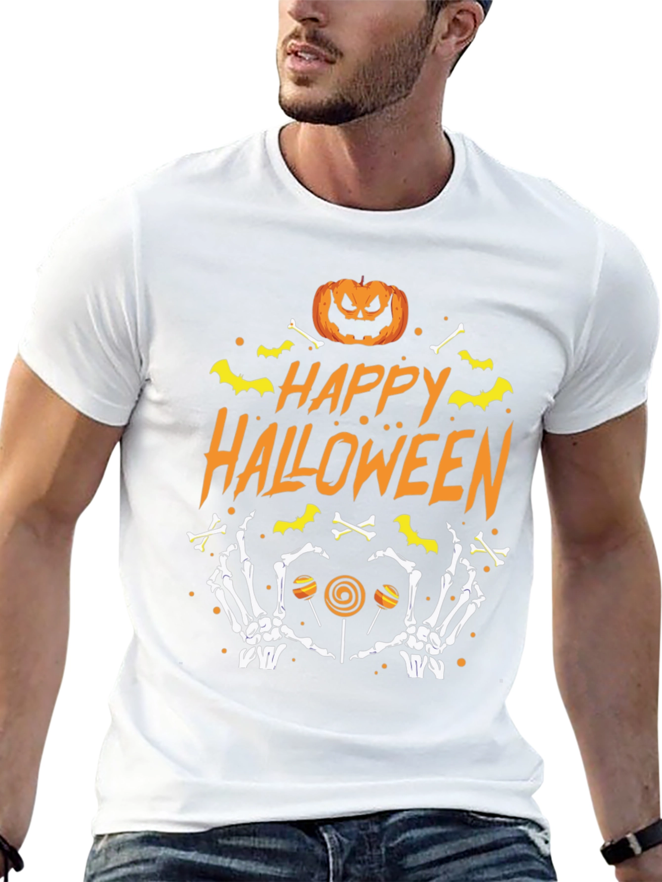Happy Halloween T-Shirt with Pumpkin Bones and Candy