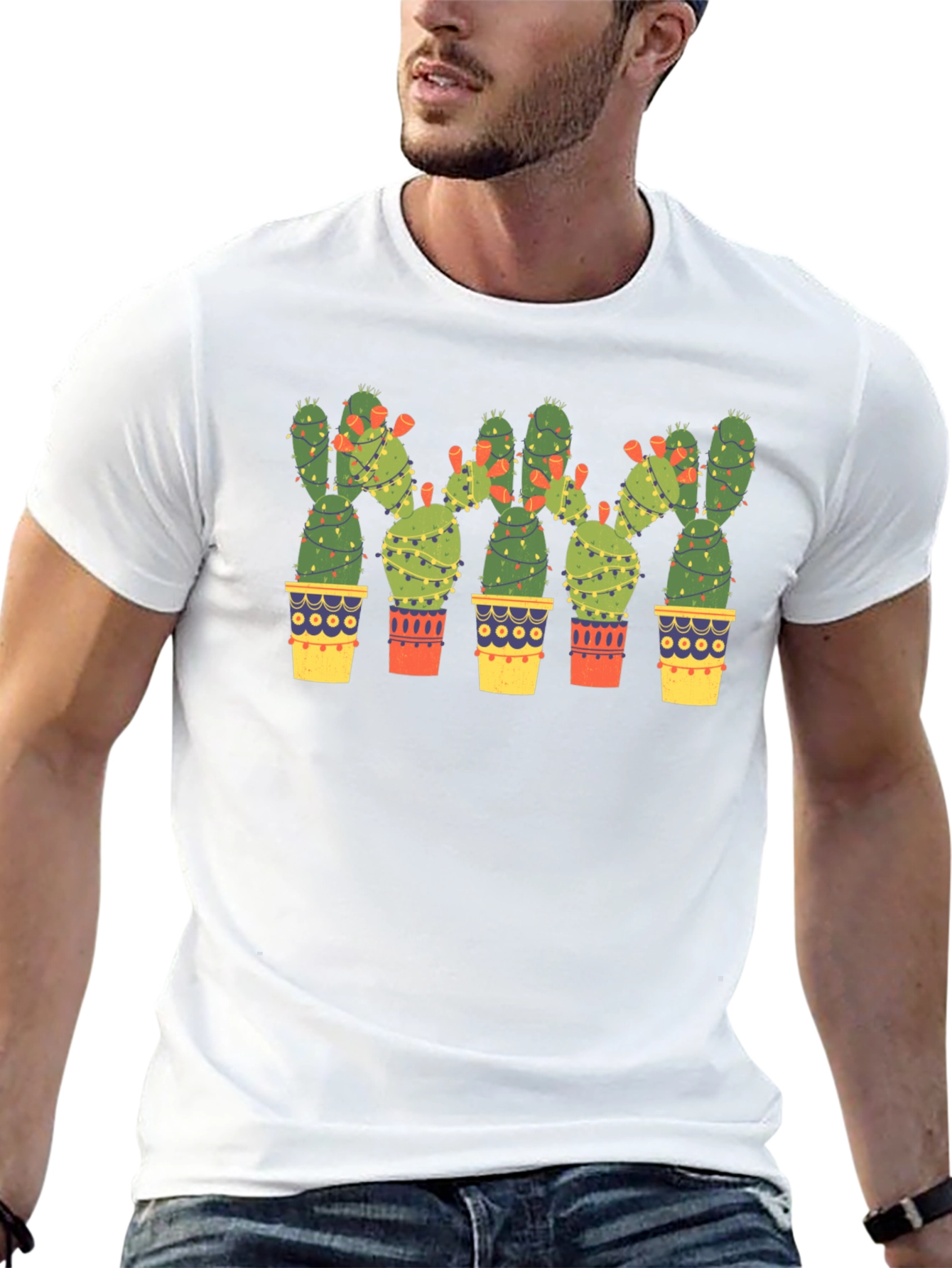 Cactus Christmas Lights Black T-Shirt
