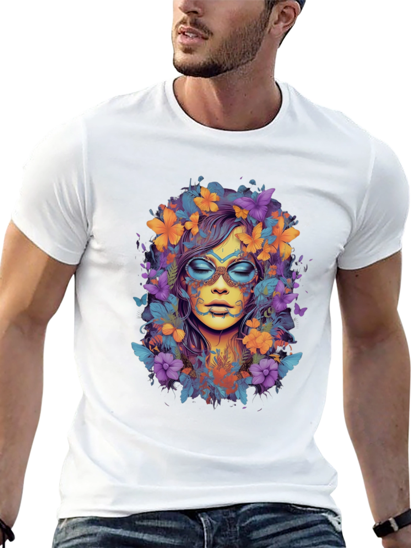Floral Goddess Graphic Tee - Black Cotton T-Shirt