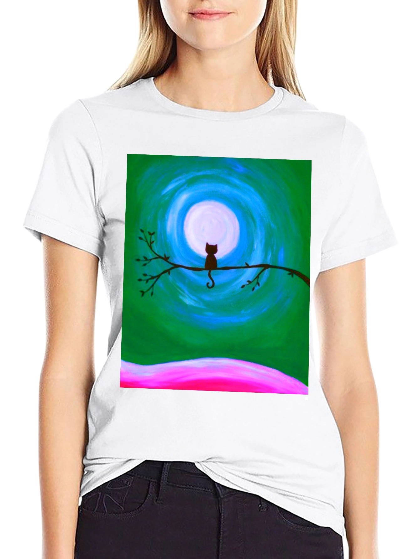 Cat on Branch Graphic Tee - Unique Art Design