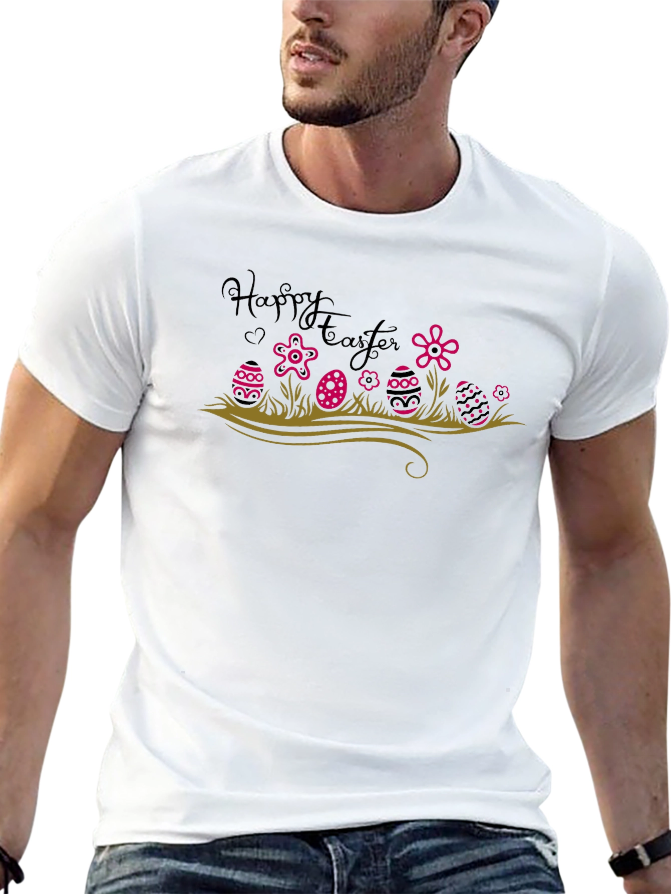 Happy Easter T-Shirt Easter Eggs and Flowers Black Tee