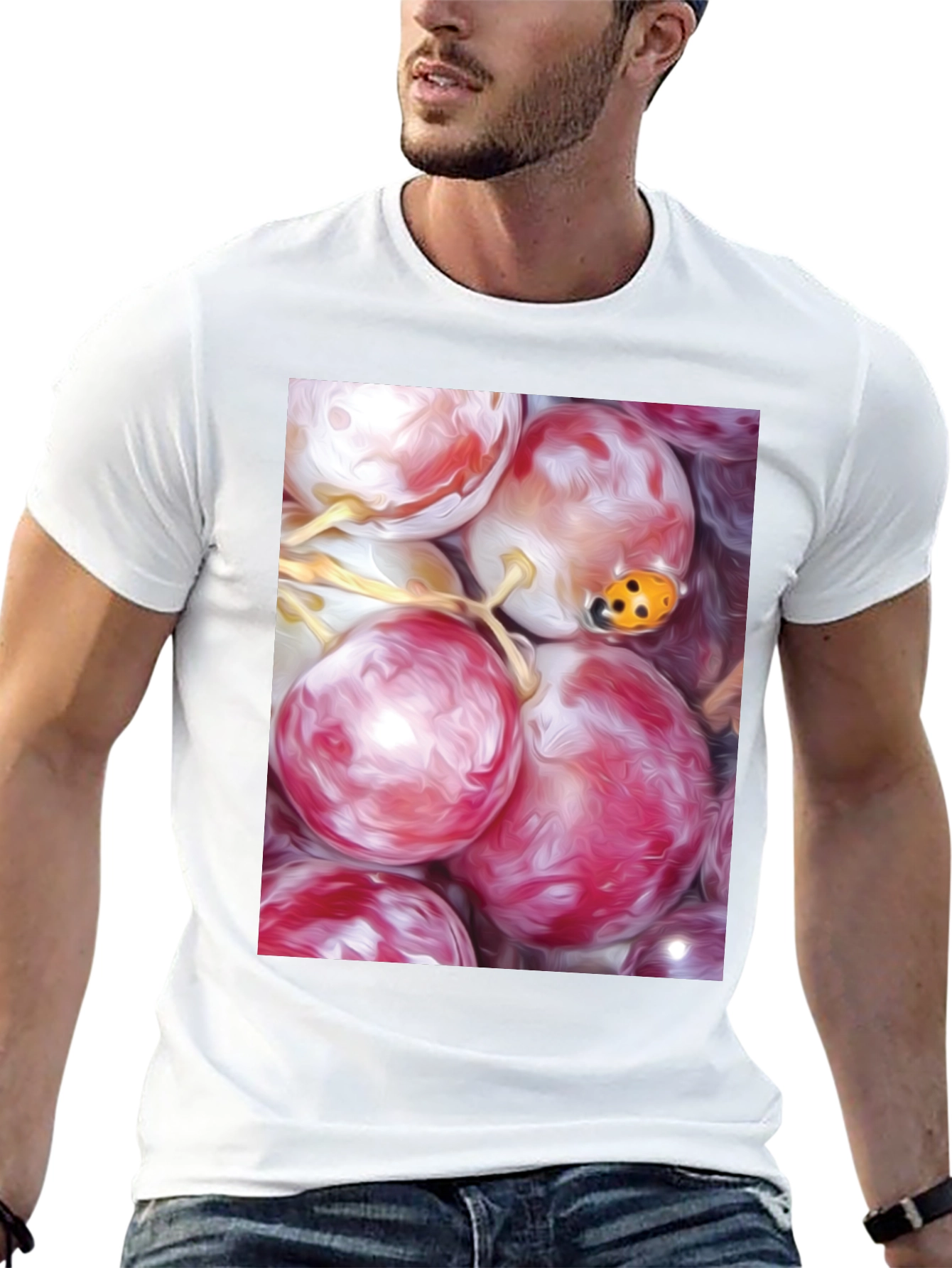 Grapes & Ladybug Graphic Tee - Unique Artistic Design