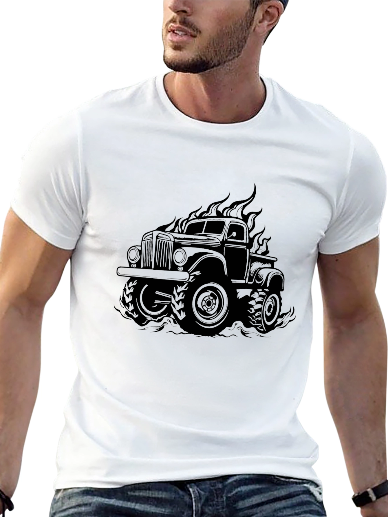 Black Monster Truck Flames Graphic Tee