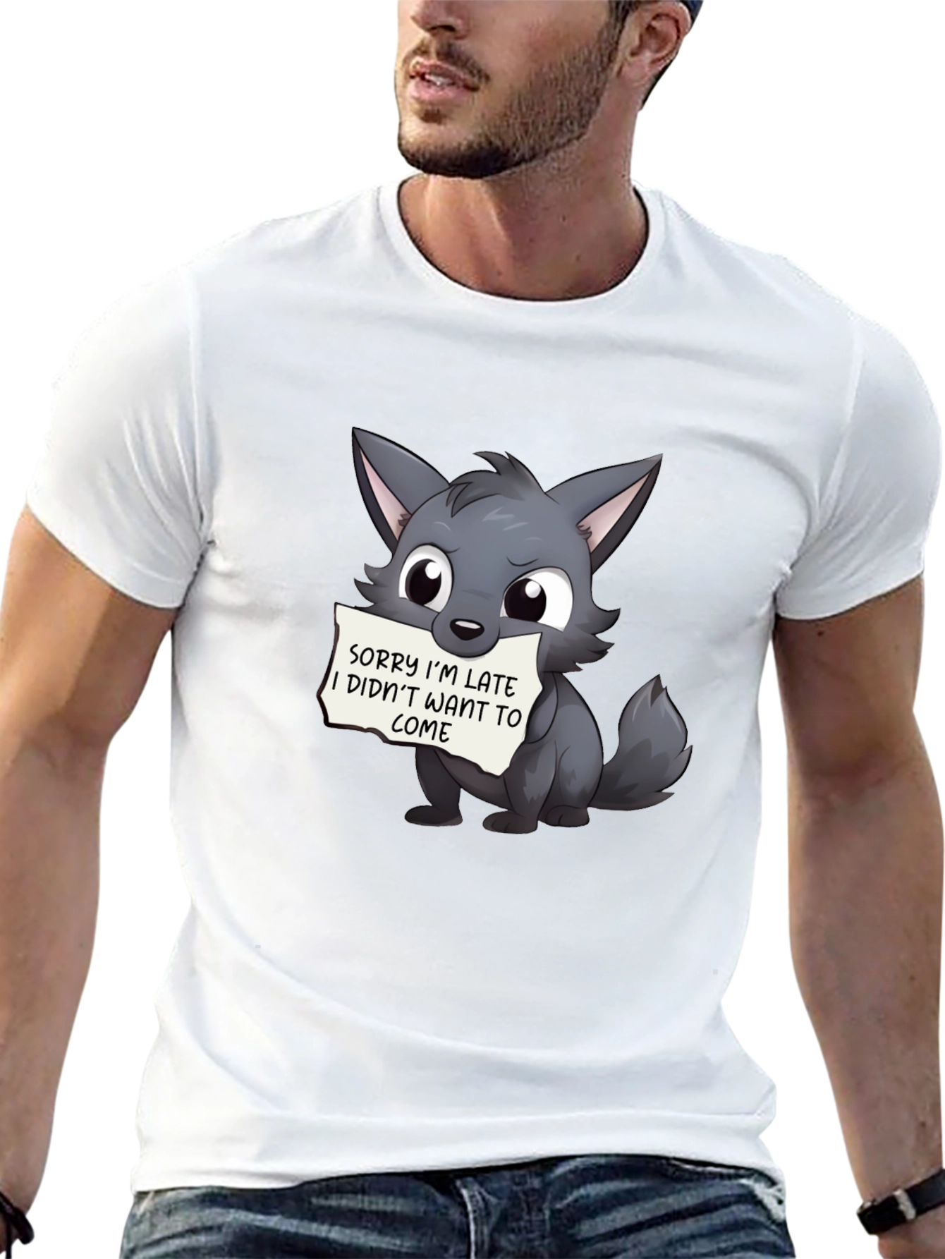 Cute Wolf Sorry Im Late Black T-Shirt