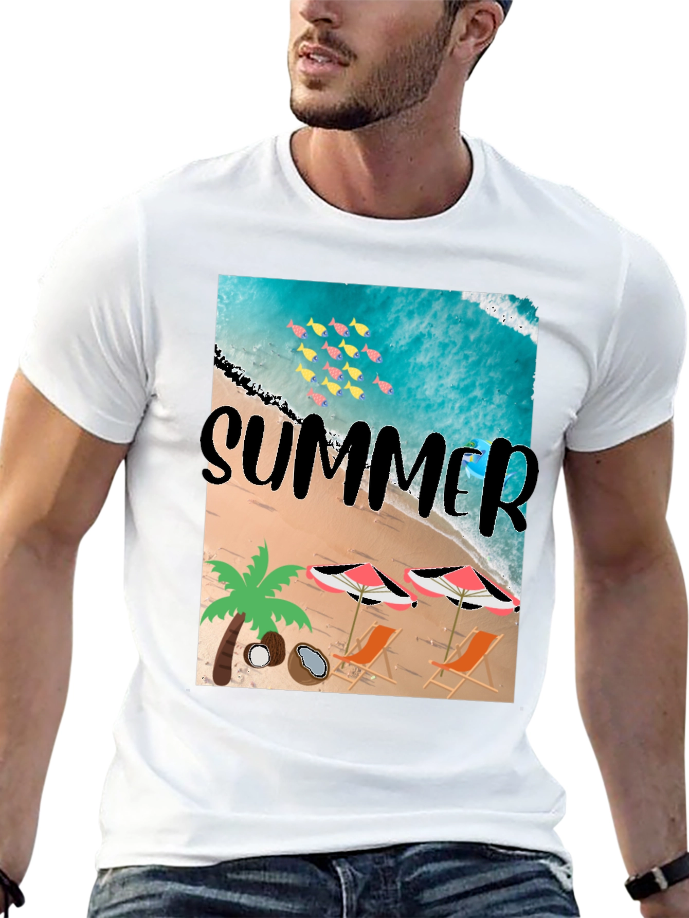 Summer Beach Print Black T-Shirt