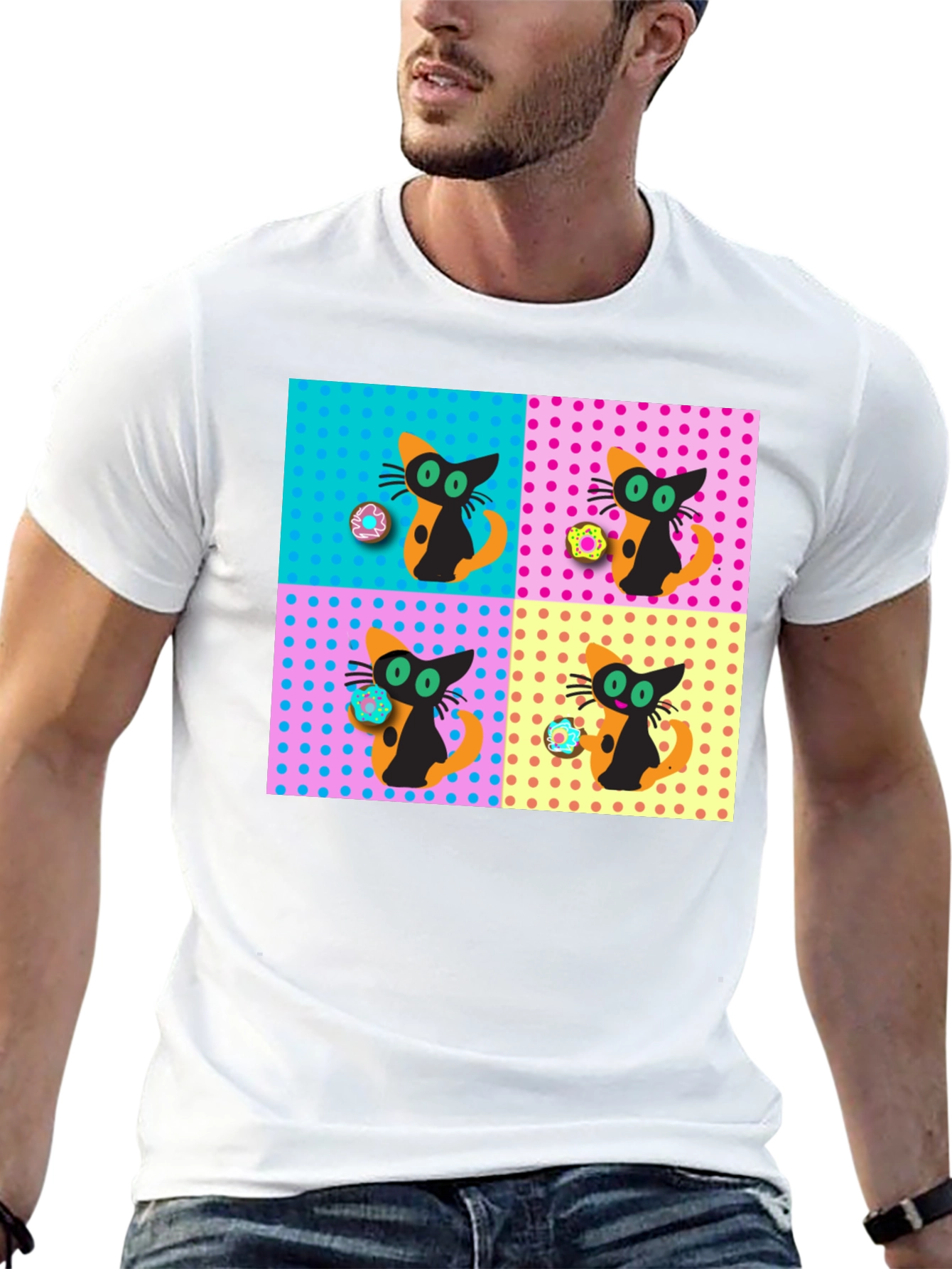 Retro Cat & Donut Pattern Graphic Tee