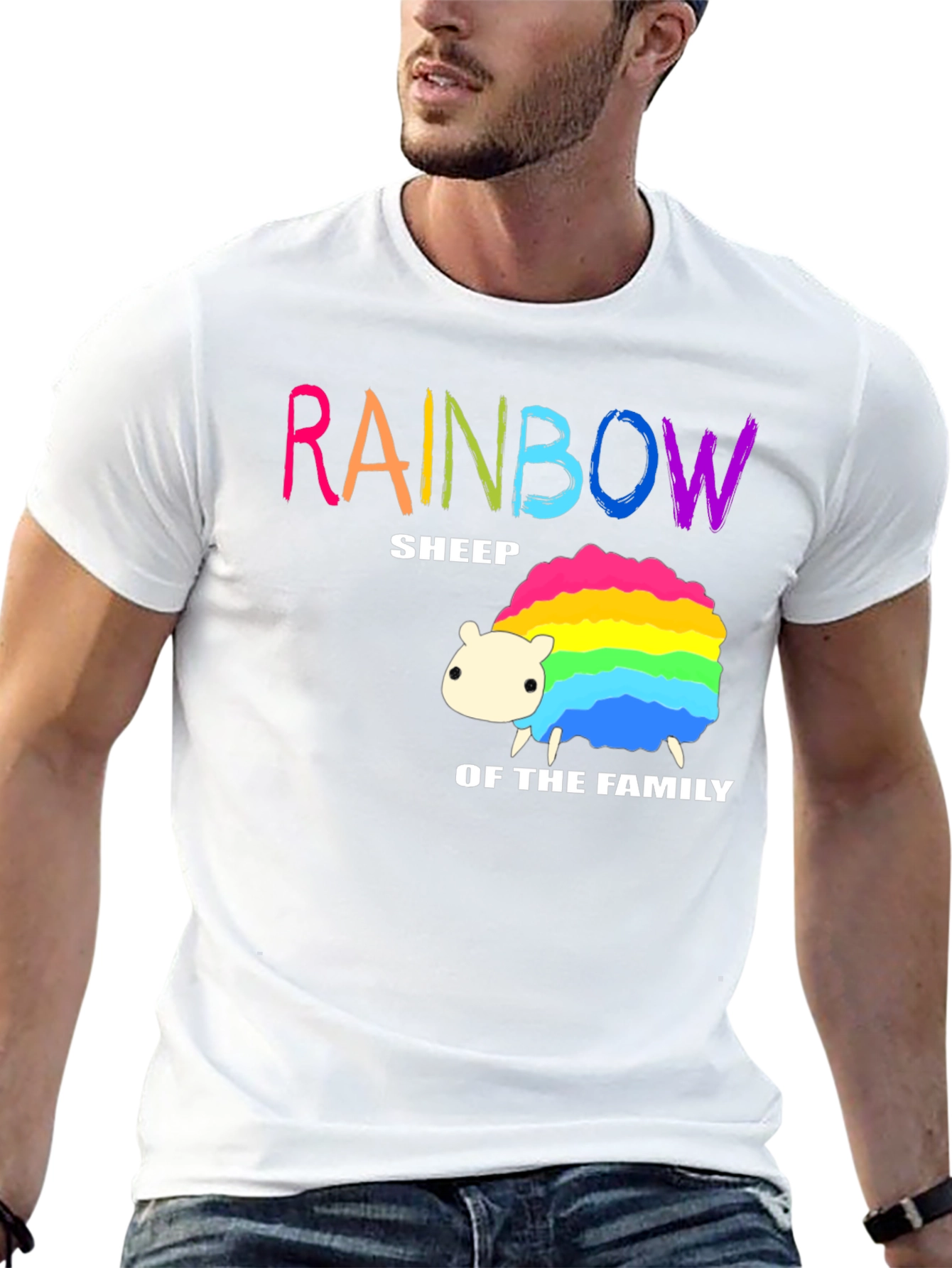 Rainbow Sheep Family T-Shirt - Black Cotton Graphic Tee
