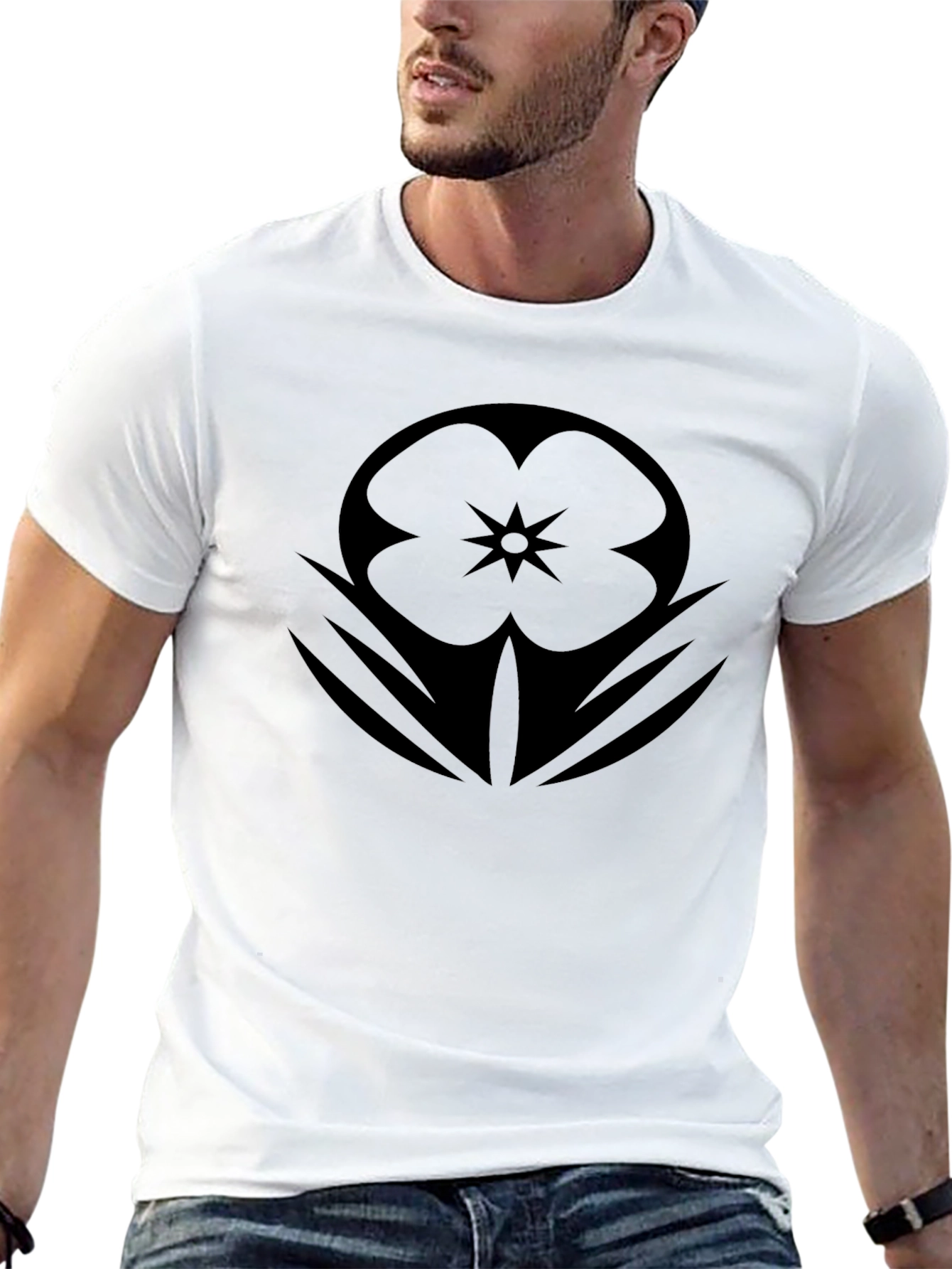 Mens Black Graphic Tee - Floral Star Design
