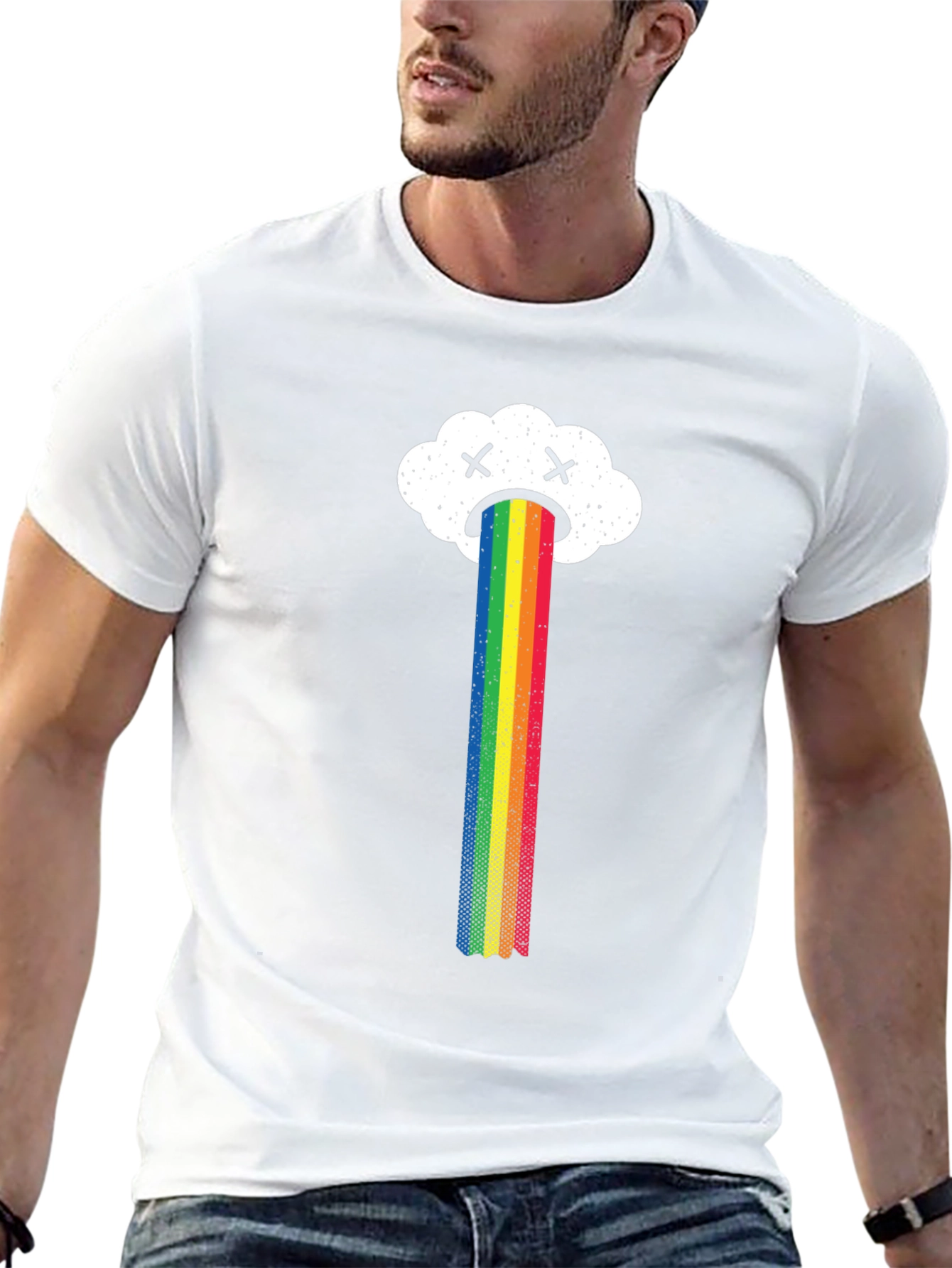 Sad Cloud Rainbow Graphic Tee - Black Casual T-Shirt