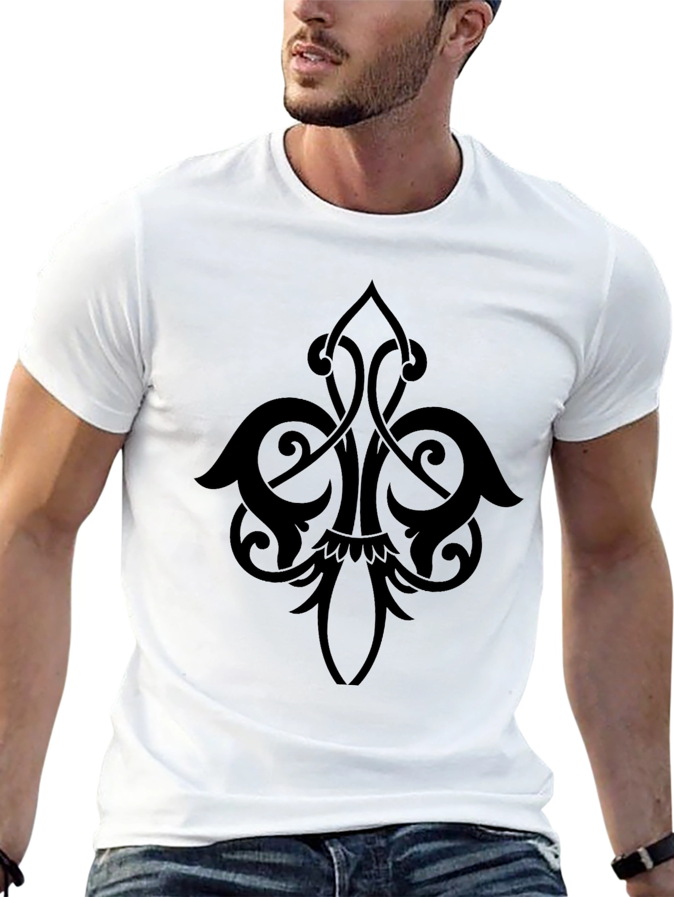 Mens Black T-Shirt with Elegant Ornamental Design