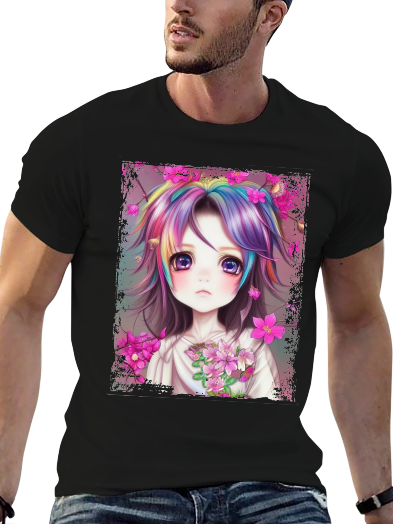 Anime Girl Rainbow Hair Graphic Tee