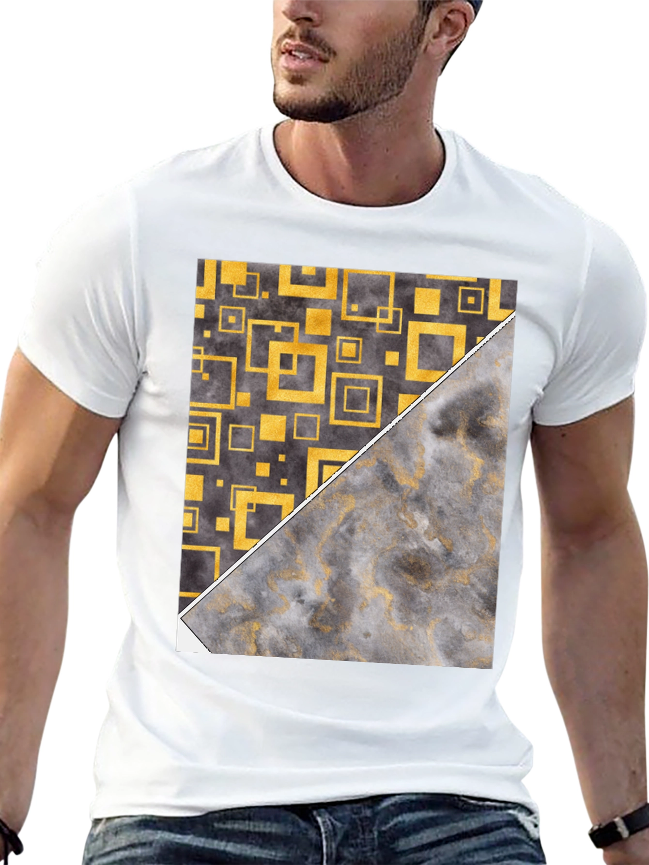 Geometric Gold & Marble Print Black T-Shirt