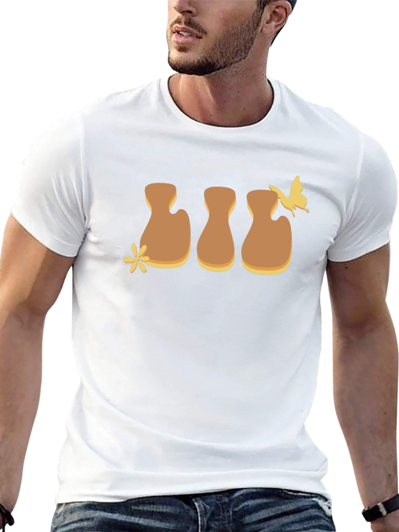Brown Flower and Butterfly Graphic Black T-Shirt