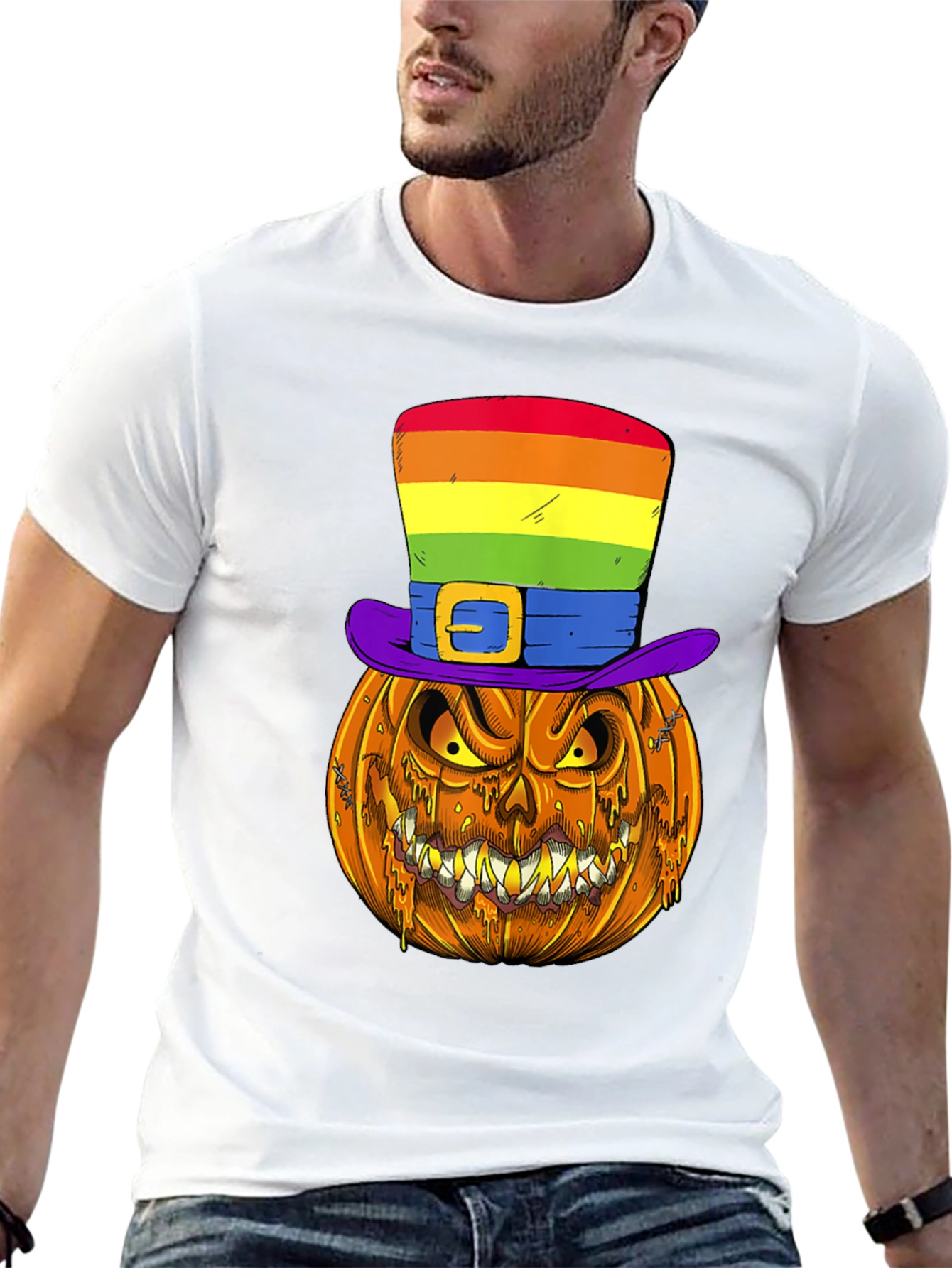 Pumpkin Halloween T-Shirt with Rainbow Hat